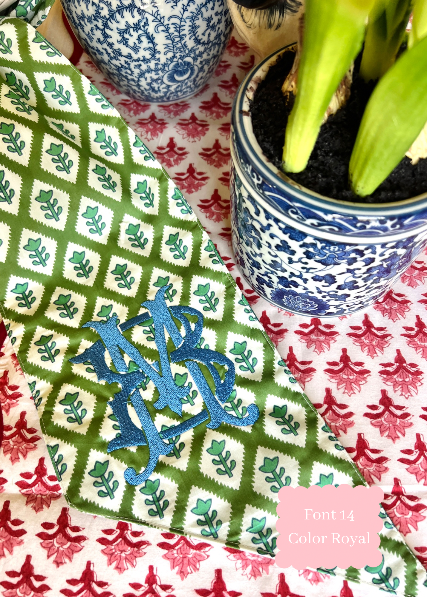 Green block print wreath sash