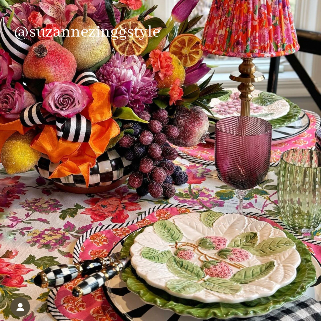 Scalloped bright pink block print placemat set with black and white piping