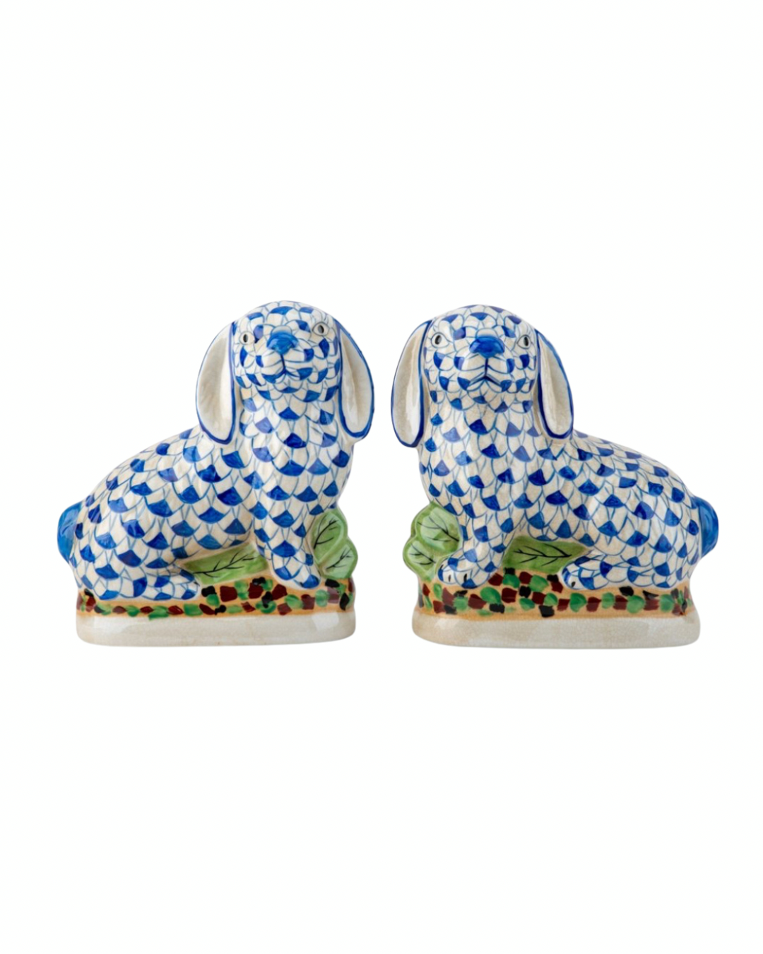 Blue fishnet Staffordshire bunny pair 8.5”