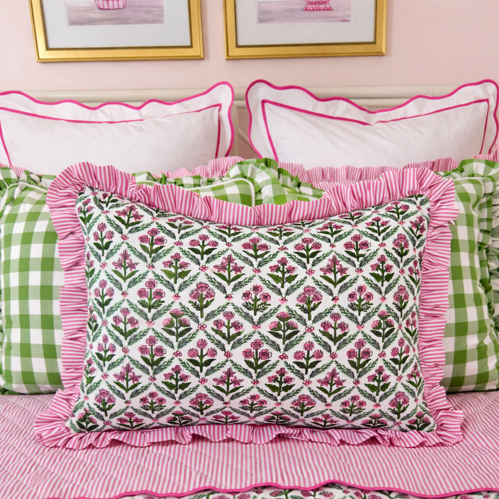 Pink and green floral trellis block print bedding collection