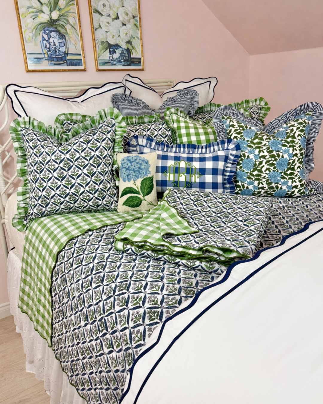 Blue and green floral trellis block print bedding collection