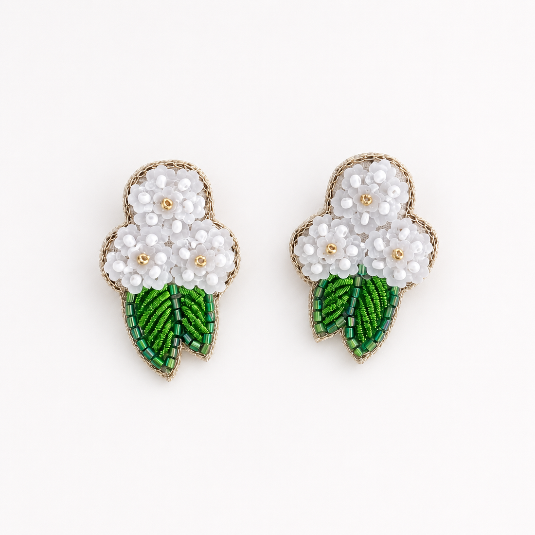 Beth Ladd hand beaded white hydrangea earrings