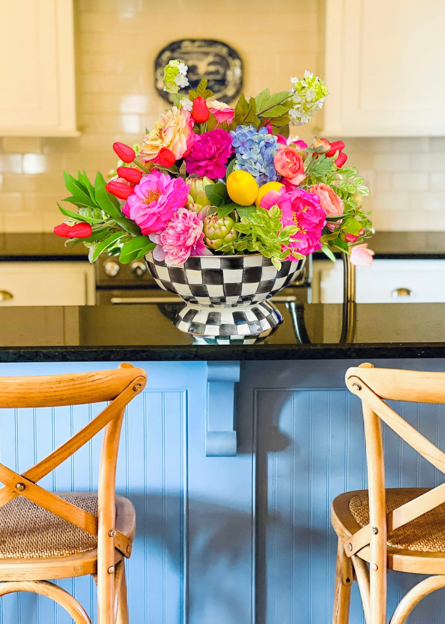 Large bowl drop-in faux floral arrangement (checked bowl not included)