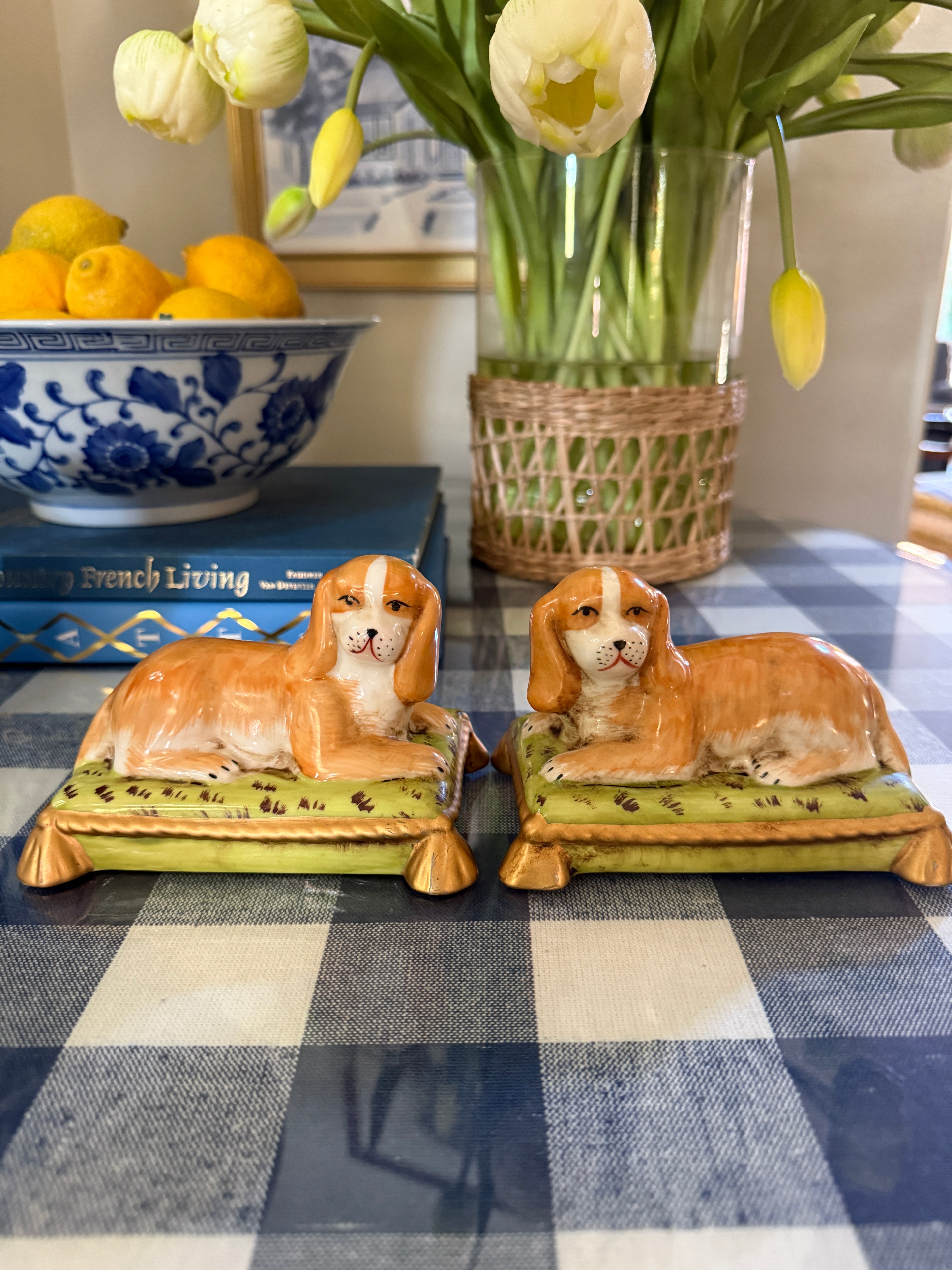 Spaniels on cushions porcelain Staffordshire dog pair