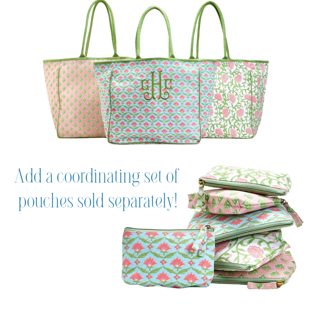 Floral block print tote bag, 3 colors, monogram available