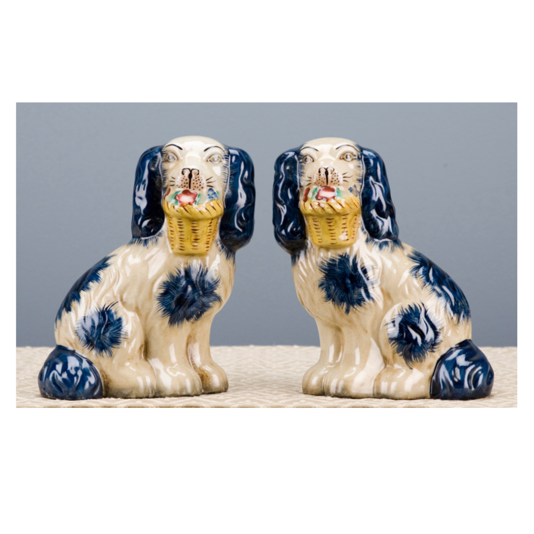 Staffordshire dog pair with flower baskets- blue