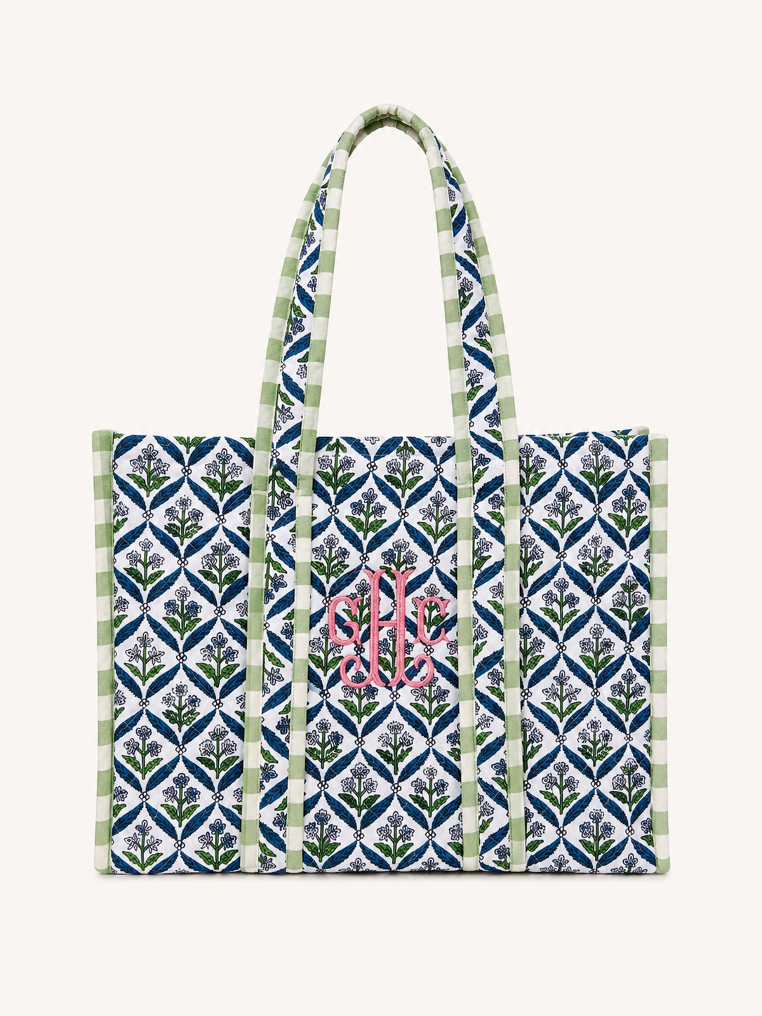 Blue and green quilted block print oversized tote bag monogram available