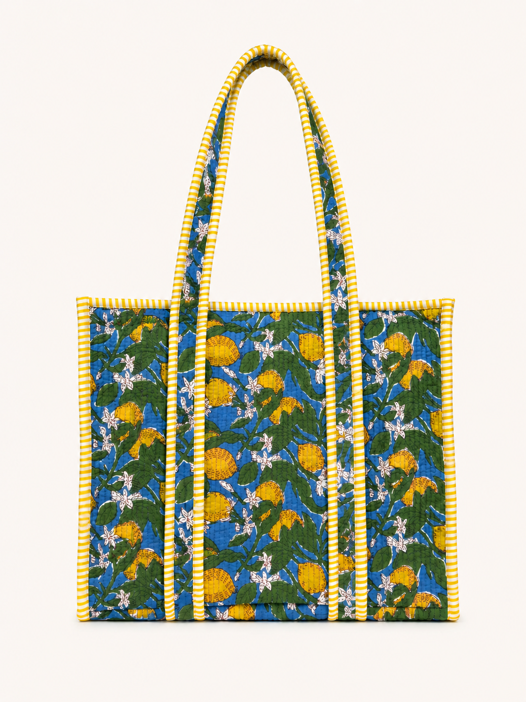 Lemon blossom blue and yellow quilted block print tote bag monogram available
