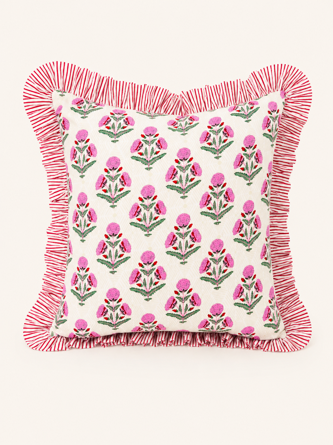 Pink and red marigold floral block print ruffle pillow
