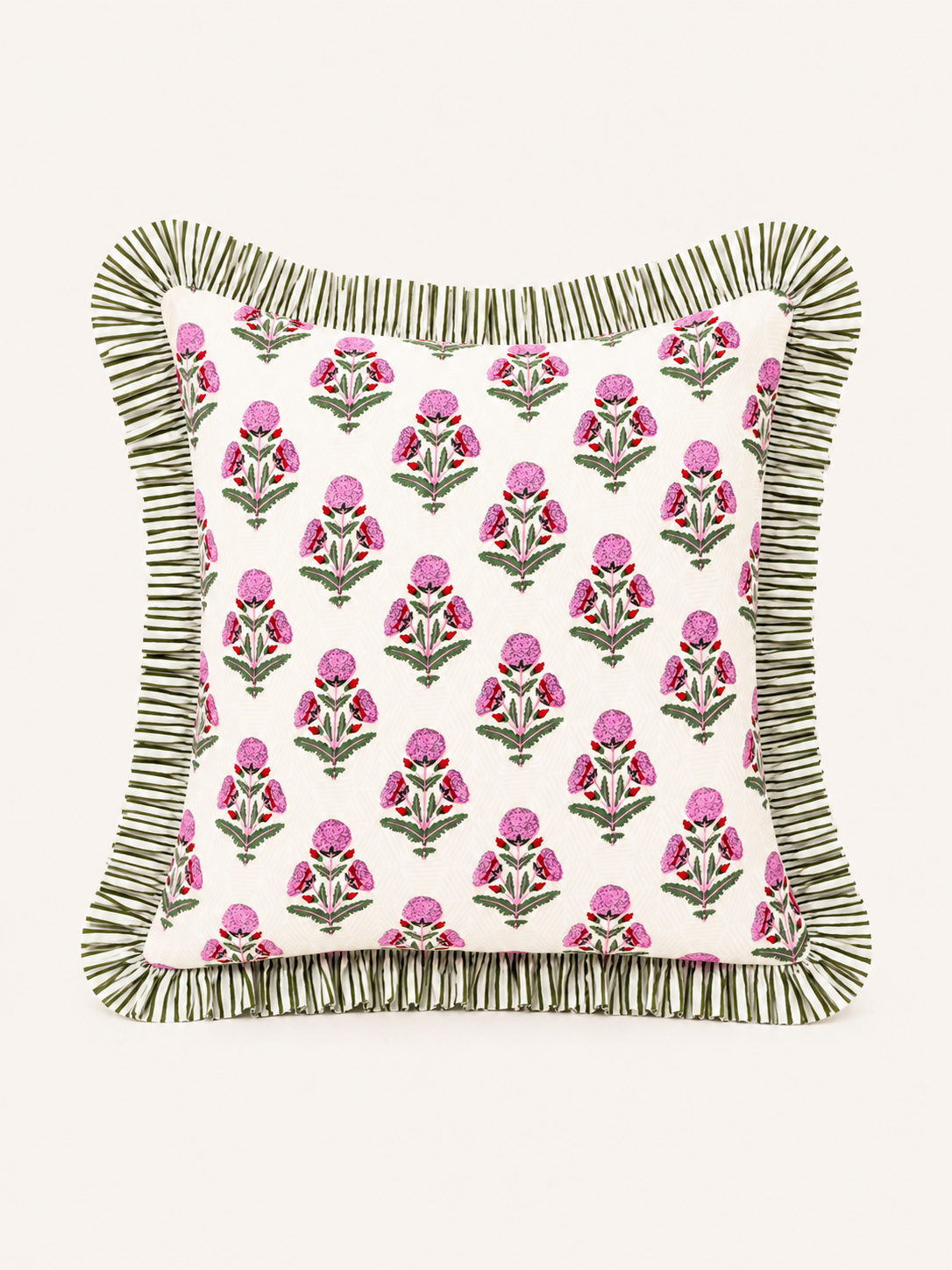 Pink and red marigold pillow cover with green striped ruffle