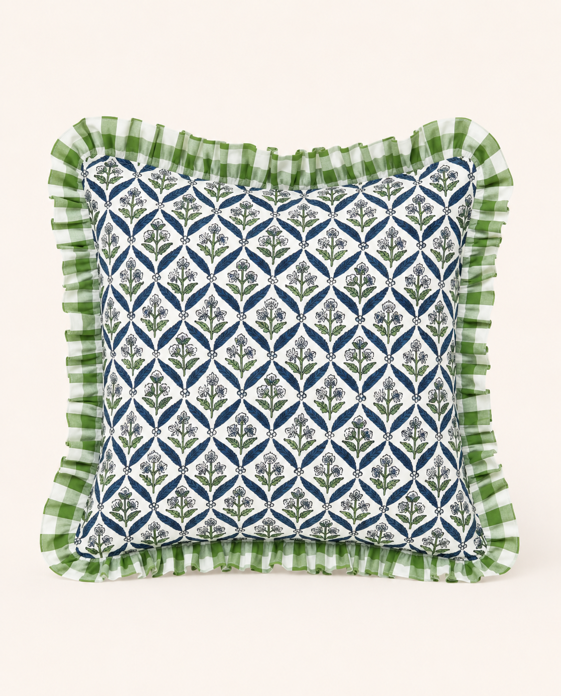 Blue and green floral trellis block print ruffle pillow cover with green check ruffle trim