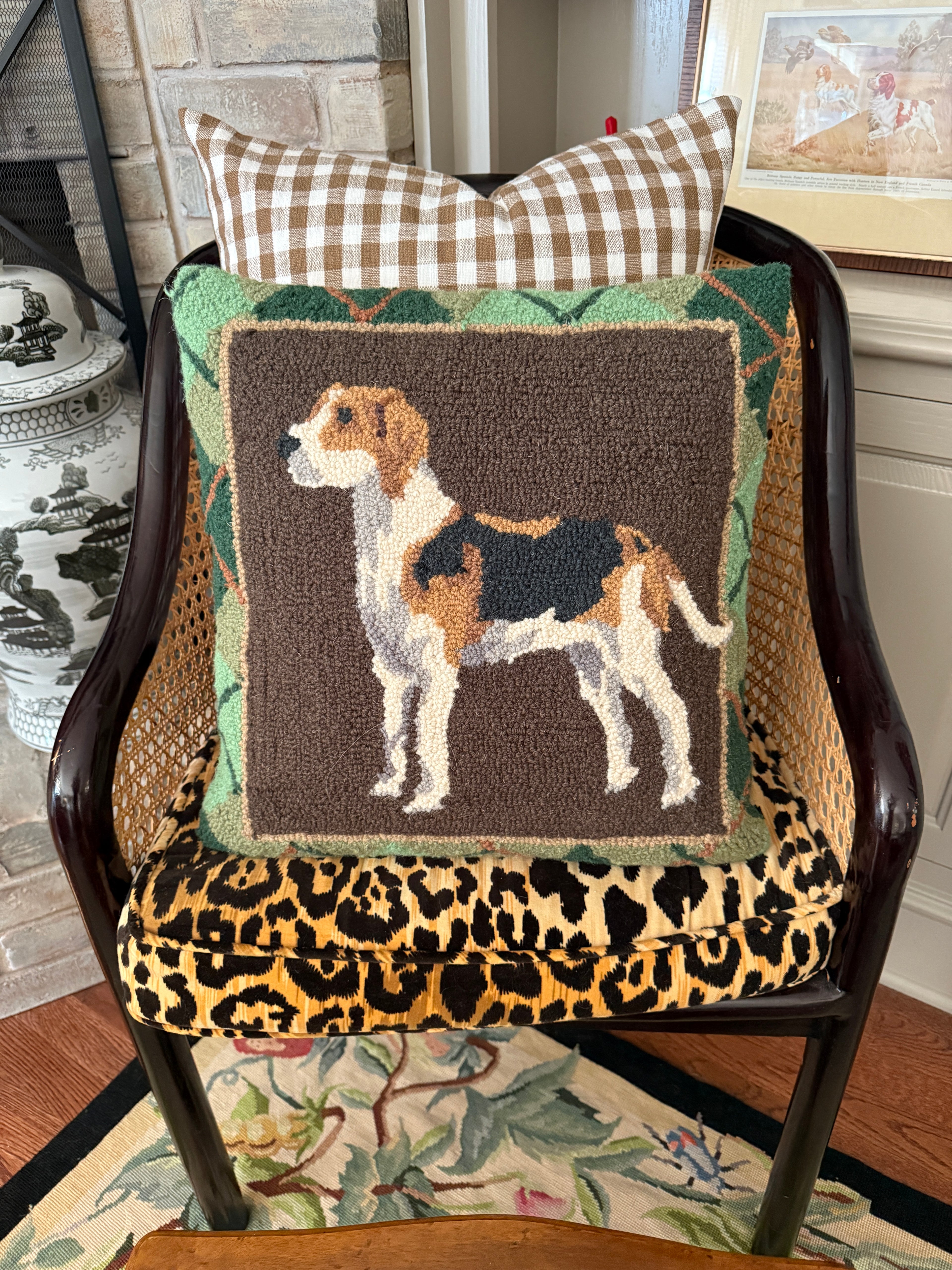 Hand hooked wool foxhound dog pillow