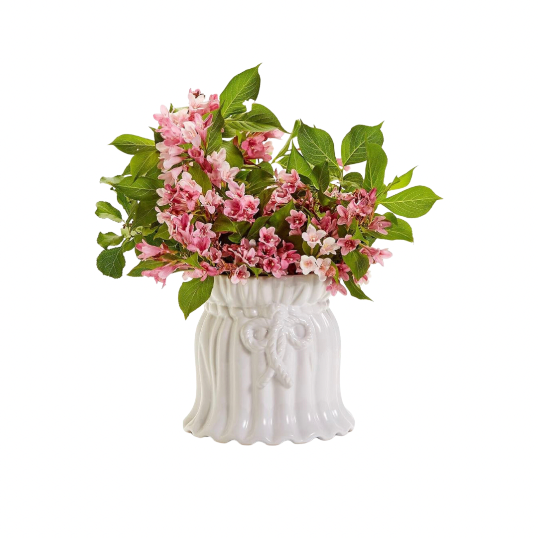 Pleats and bow white ceramic Cachepot