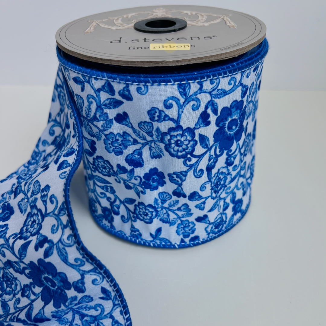 1.5 x 10 Yard Gray/White/Teal Floral Design Ribbon - Decorator's