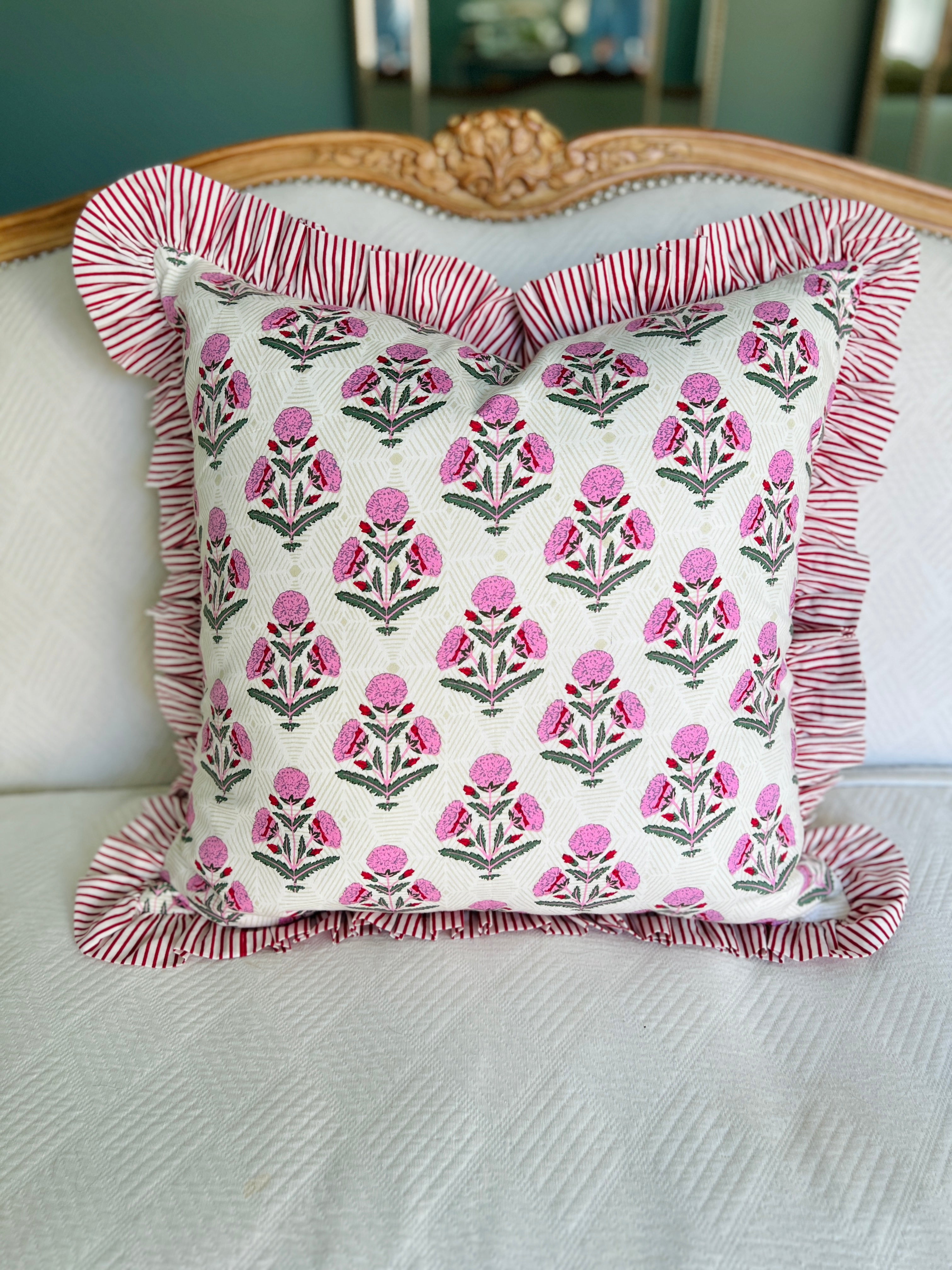 Pink and red floral block print ruffle pillow