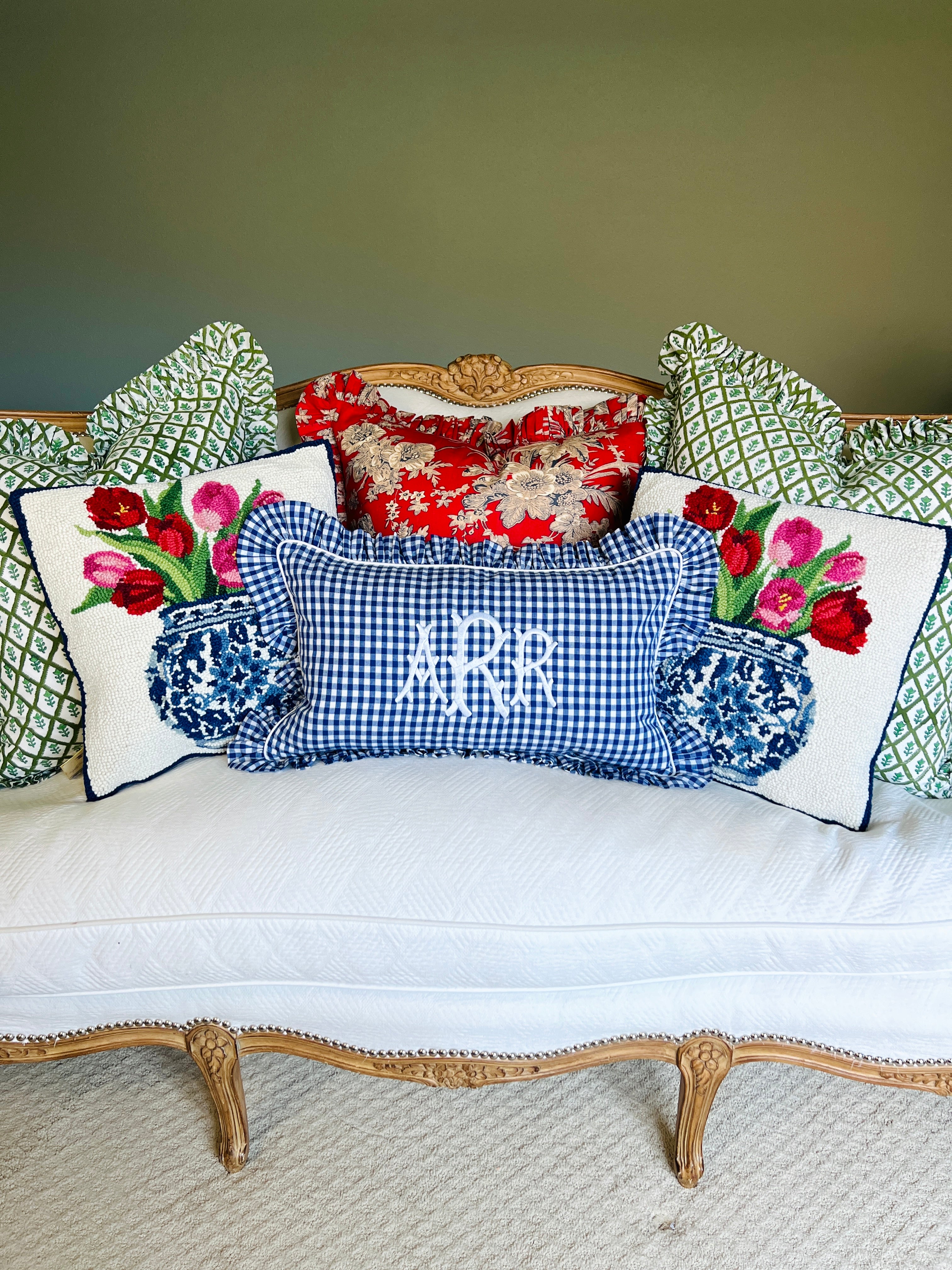 Hand hooked wool tulips and chinoiserie pillow