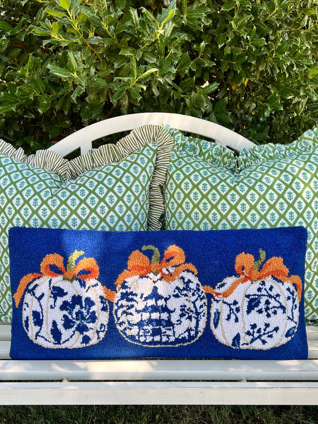 Blue chinoiserie pumpkin hooked pillow