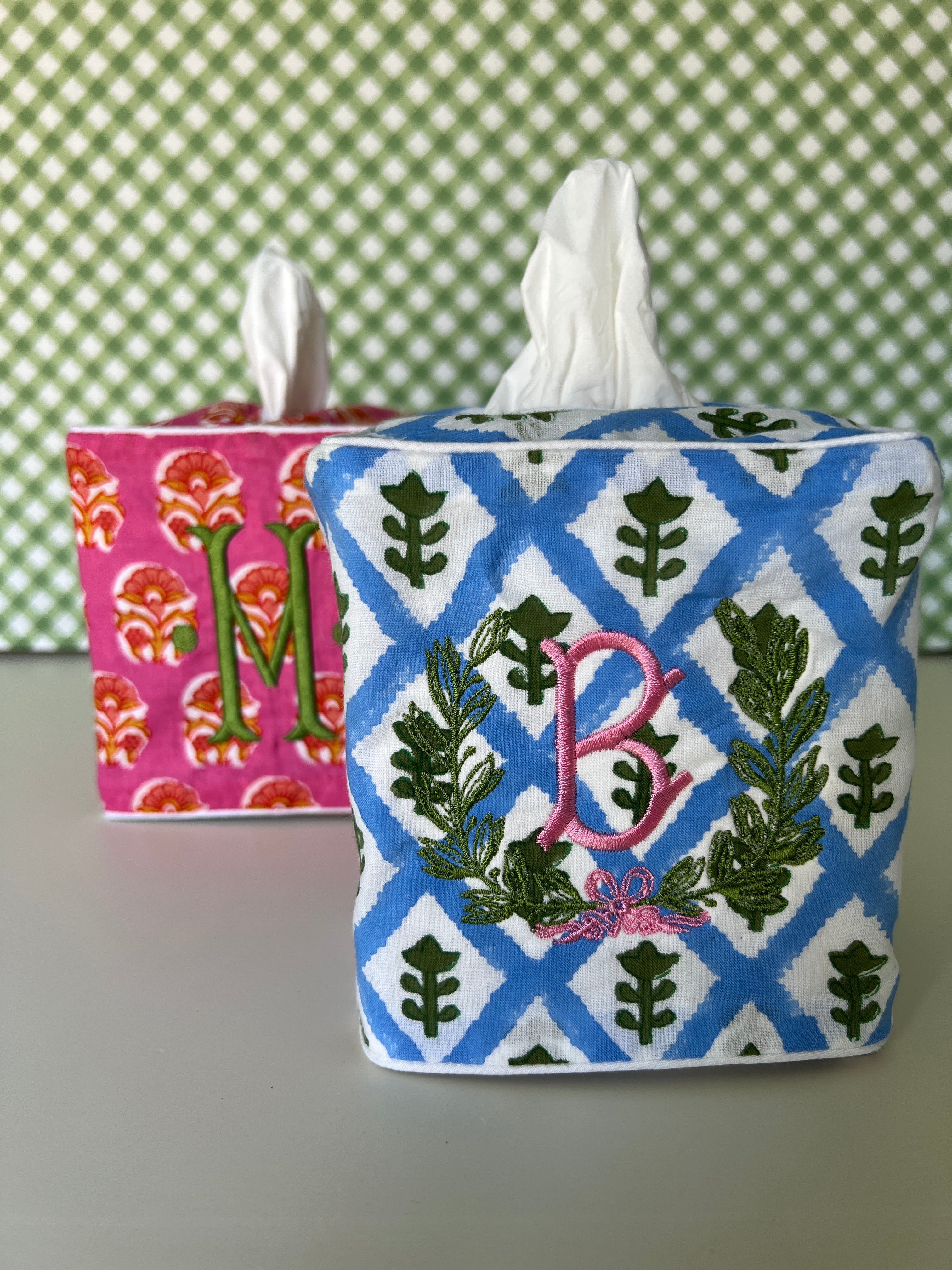 Blue block print tissue cover custom monogram available