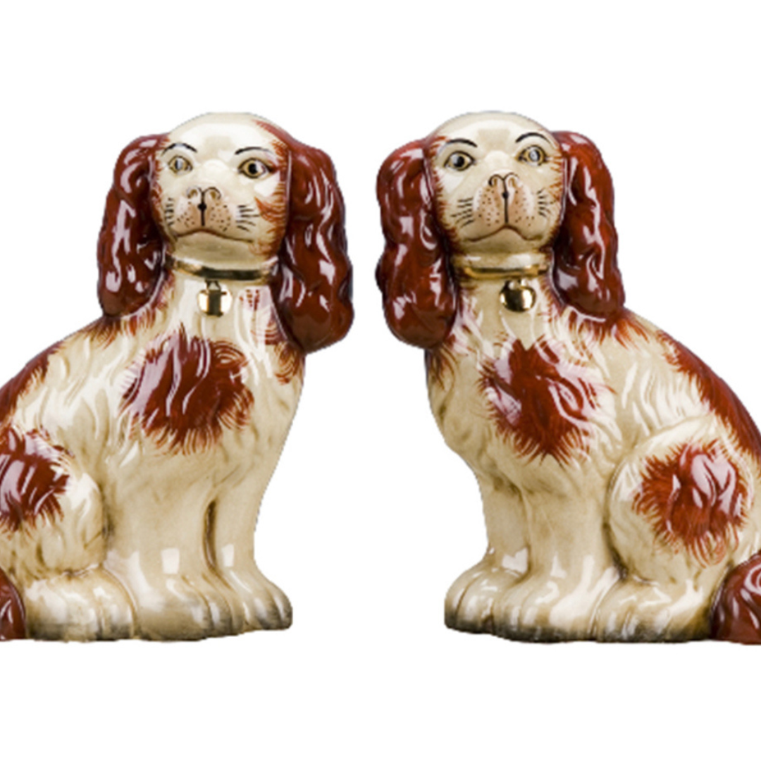 Classic large porcelain Staffordshire dog pair (9.5” tall)