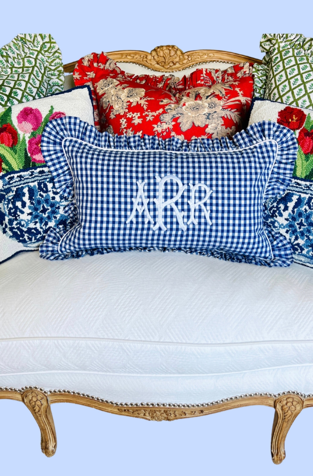Red floral toile pillow cover with ruffle trim