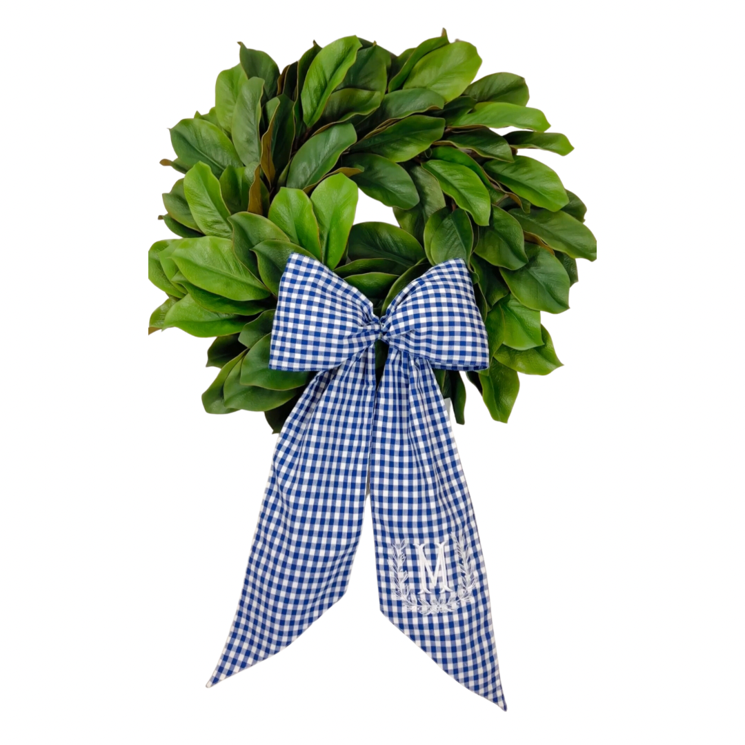 Royal blue and white gingham wreath bow sash custom monogram available