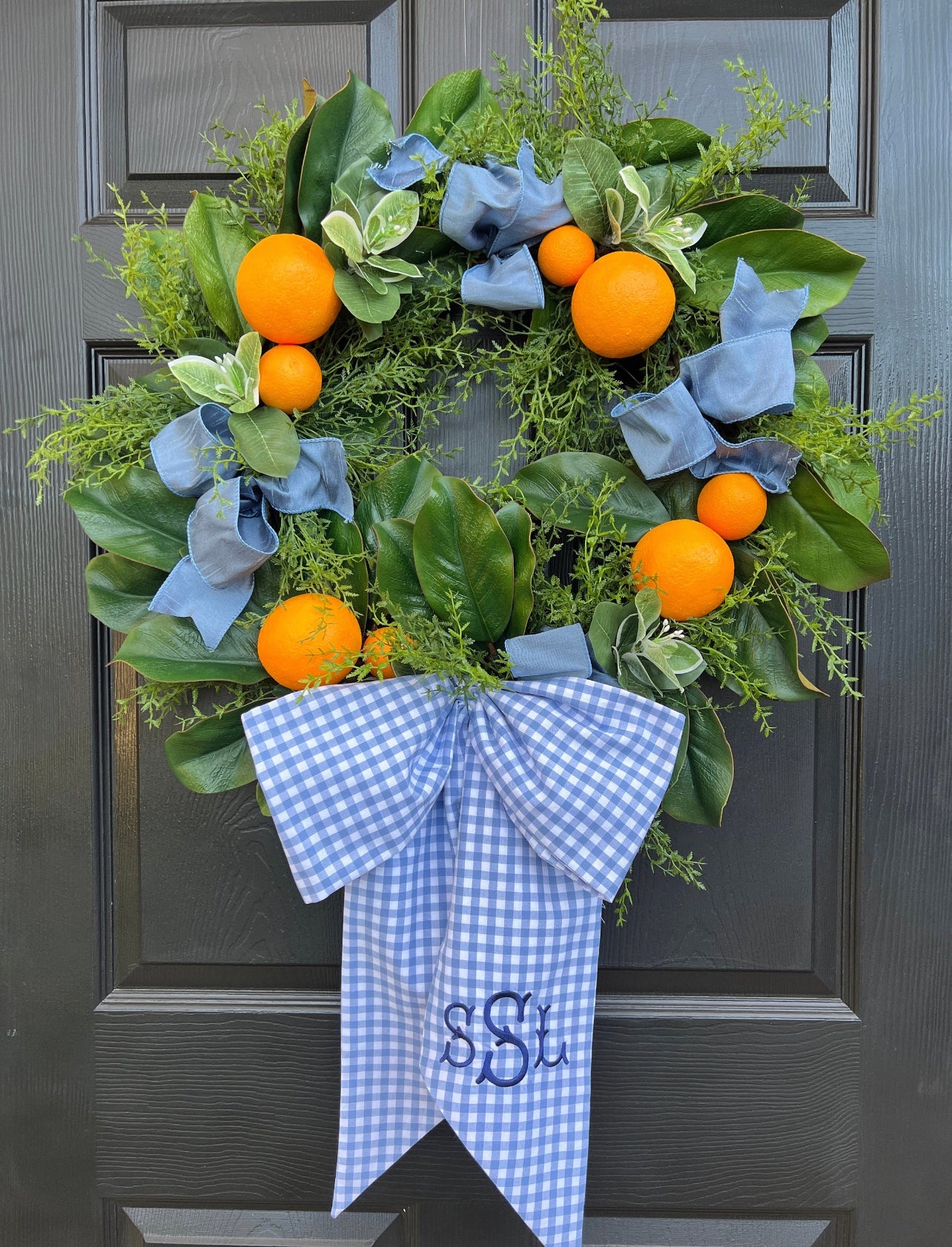 French blue gingham wreath sash monogram available