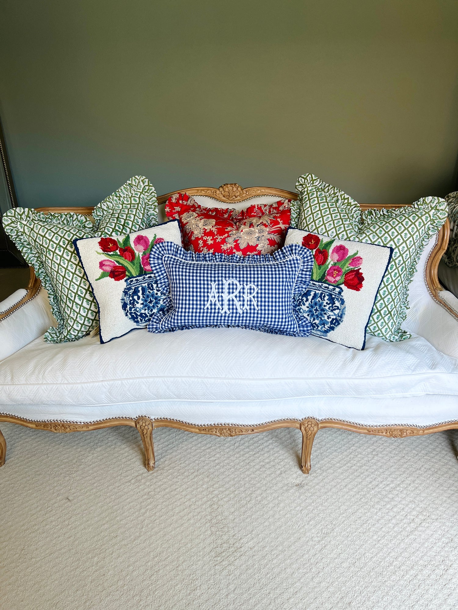 Red floral toile pillow cover with ruffle trim