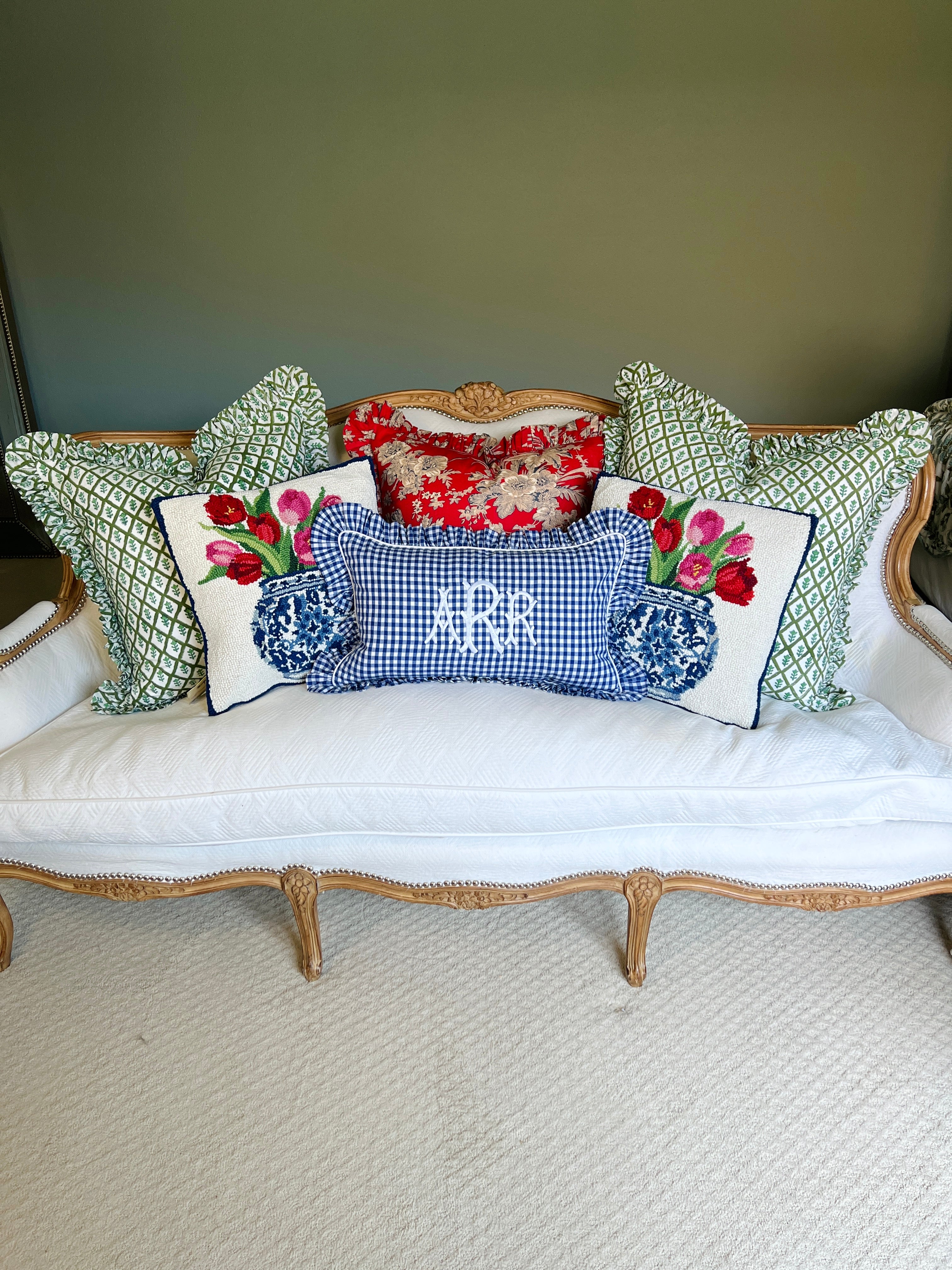 Red floral toile pillow cover with ruffle trim