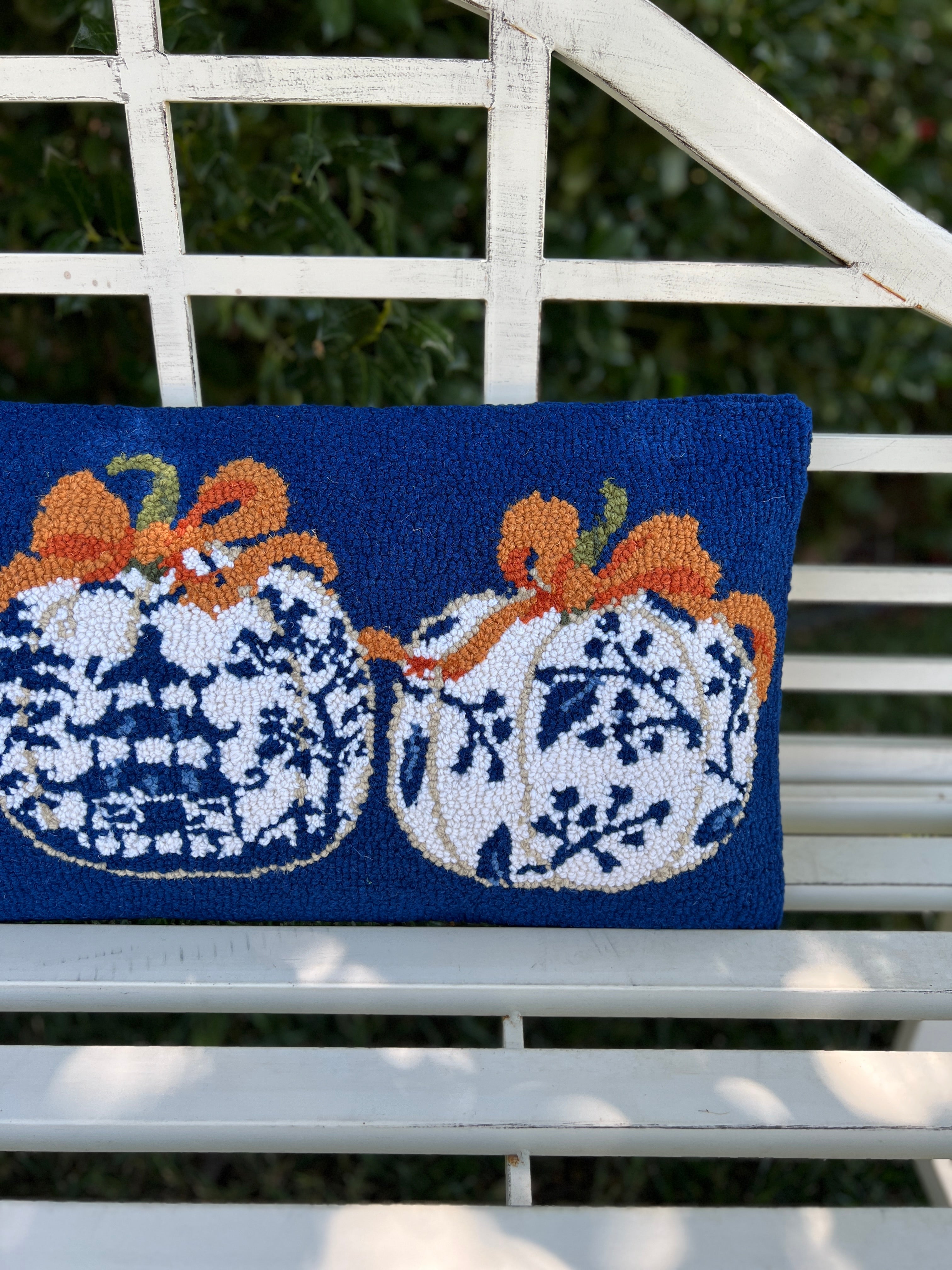 Blue chinoiserie pumpkin hooked pillow