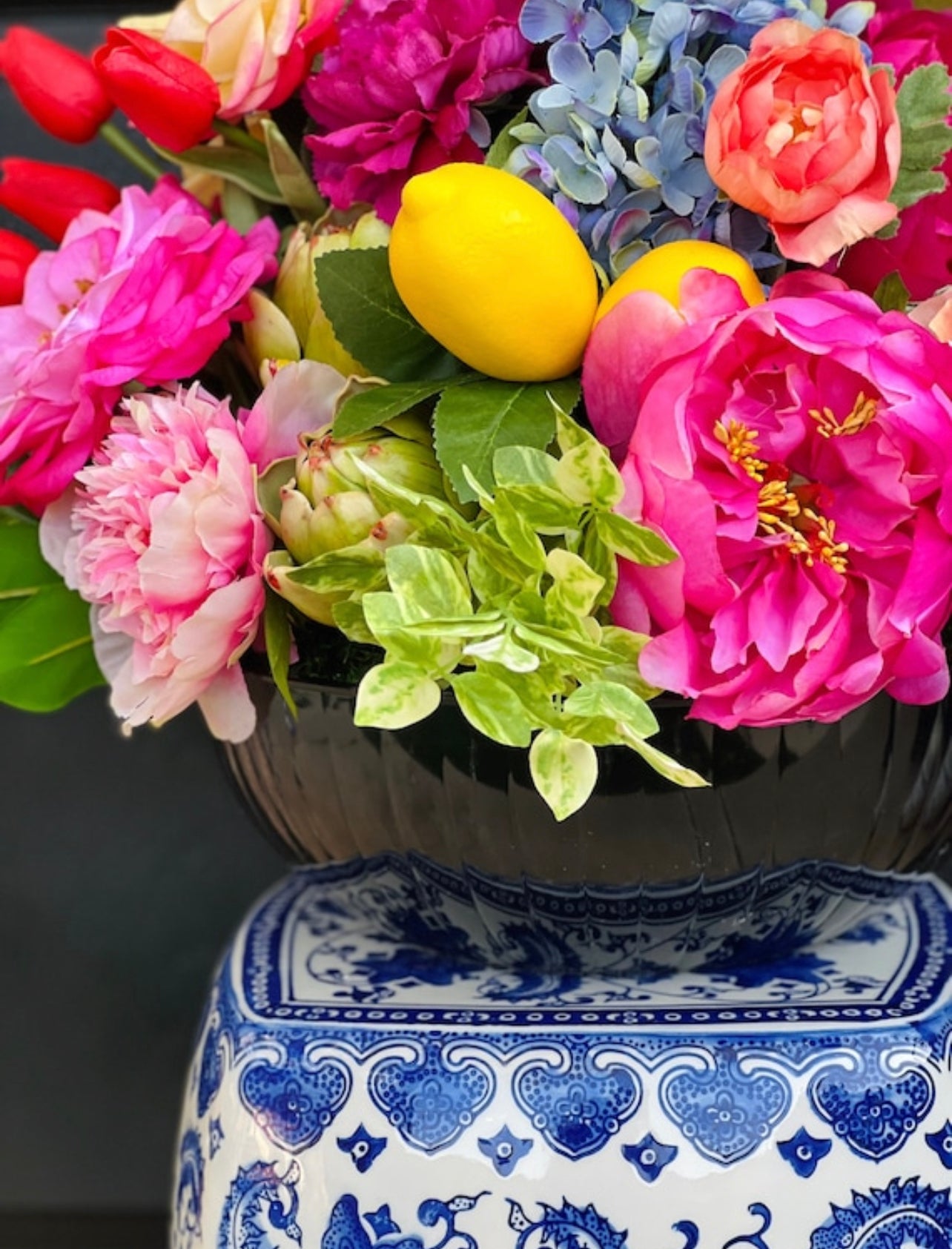 Large bowl drop-in faux floral arrangement (checked bowl not included)