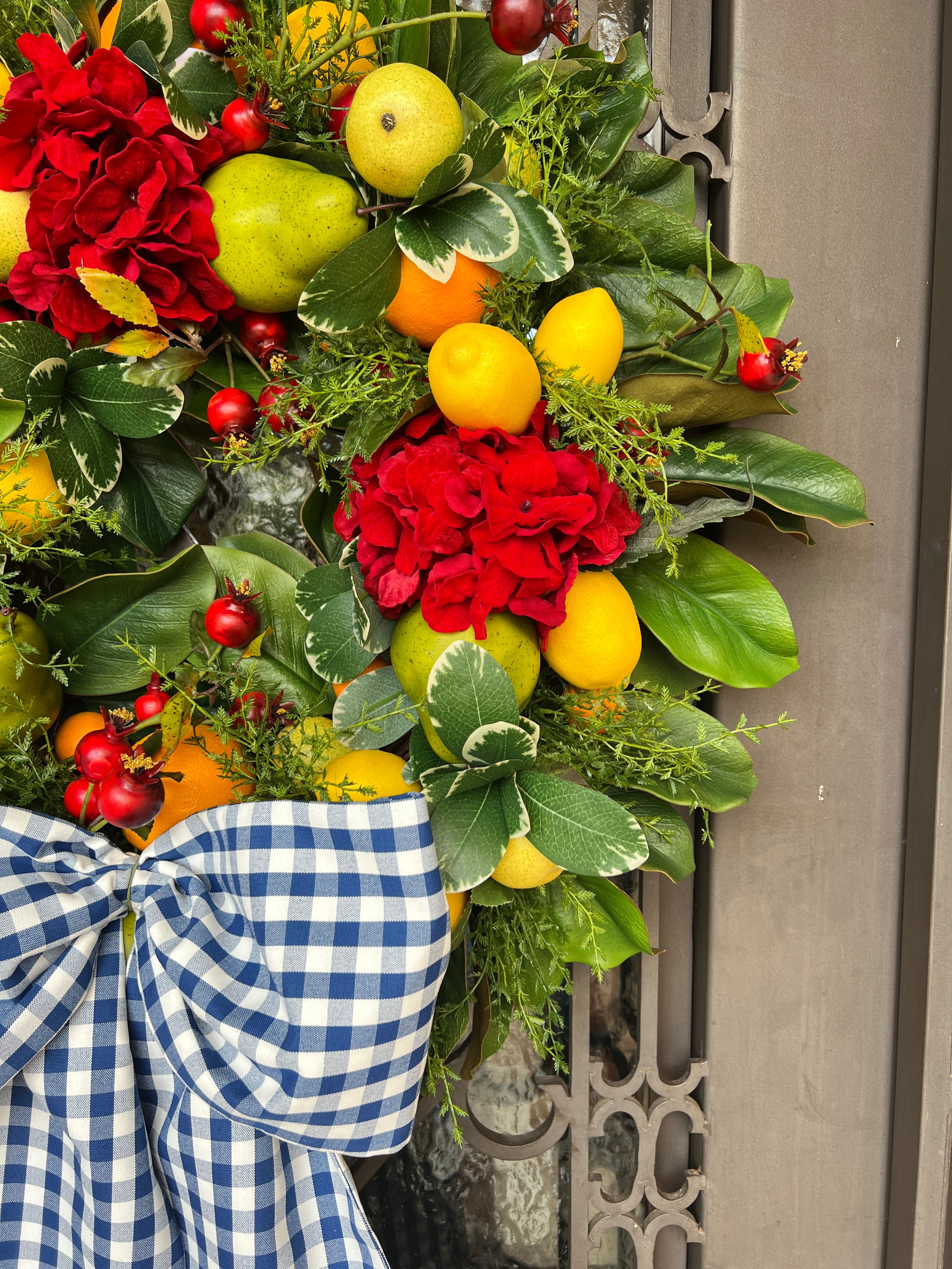 Outdoor Royal gingham check wreath sash, two sizes