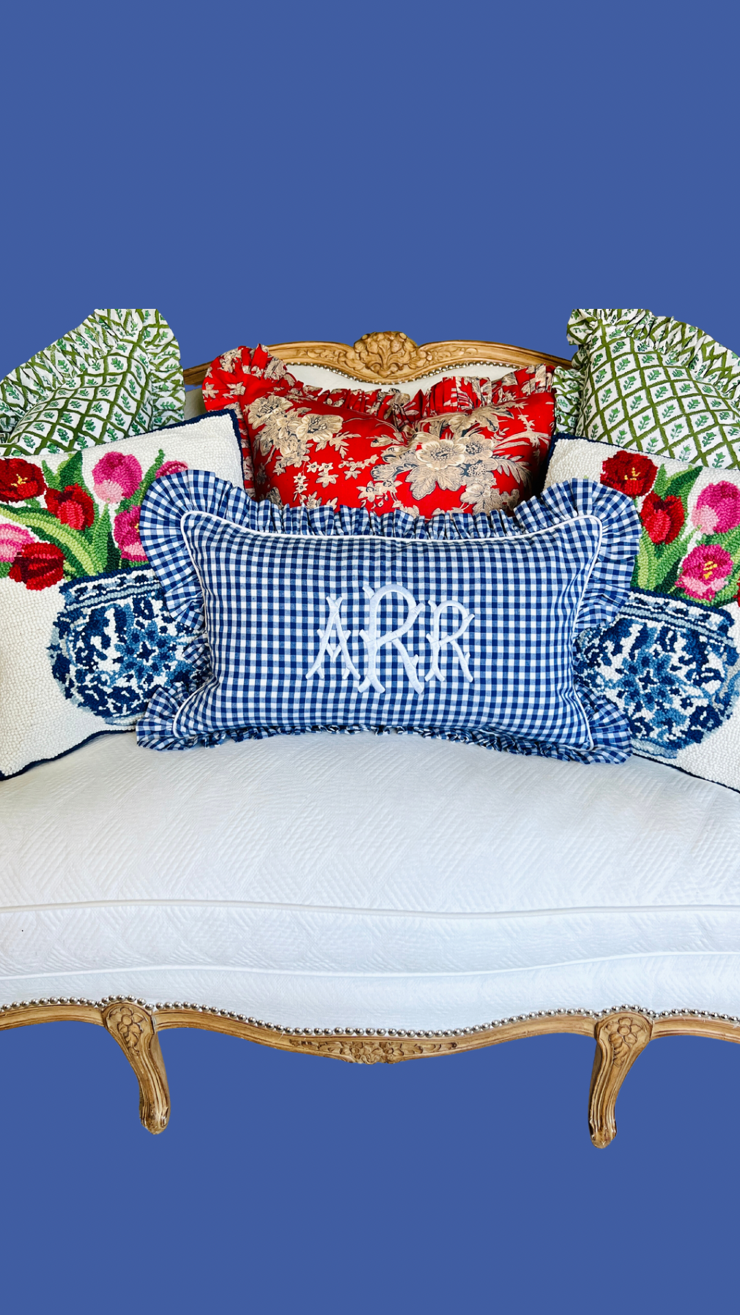 Hand hooked wool tulips and chinoiserie pillow