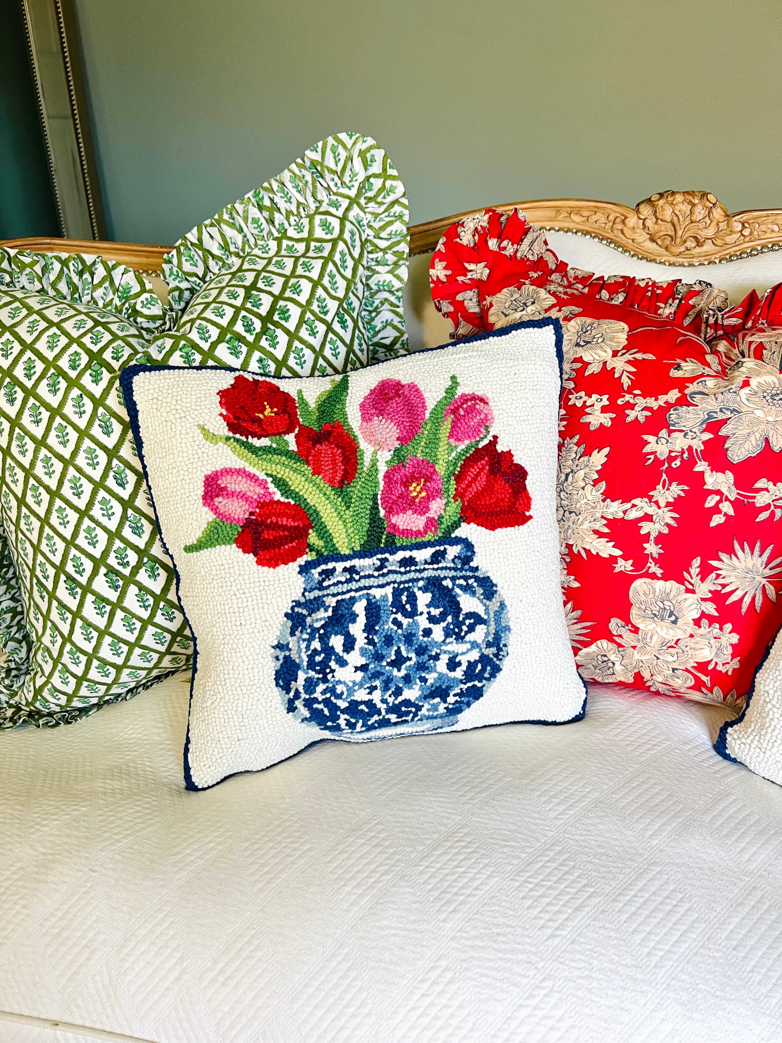 Hand hooked wool tulips and chinoiserie pillow