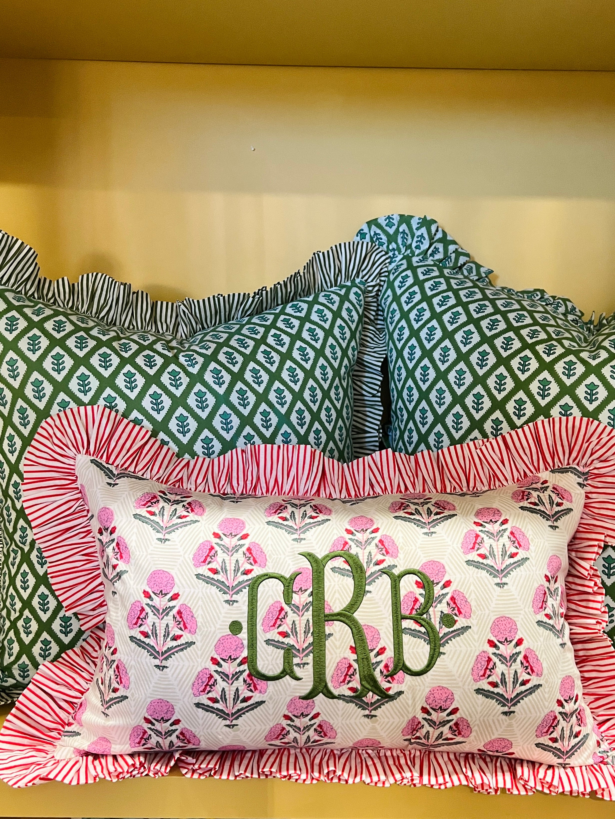 Pink and red floral block print ruffle pillow