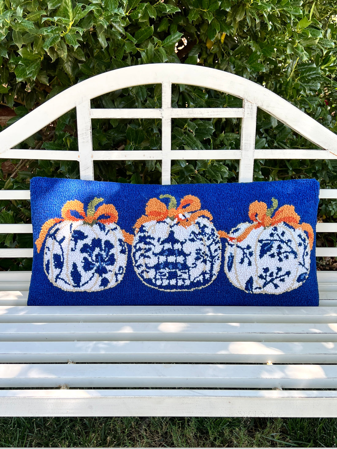 Blue chinoiserie pumpkin hooked pillow