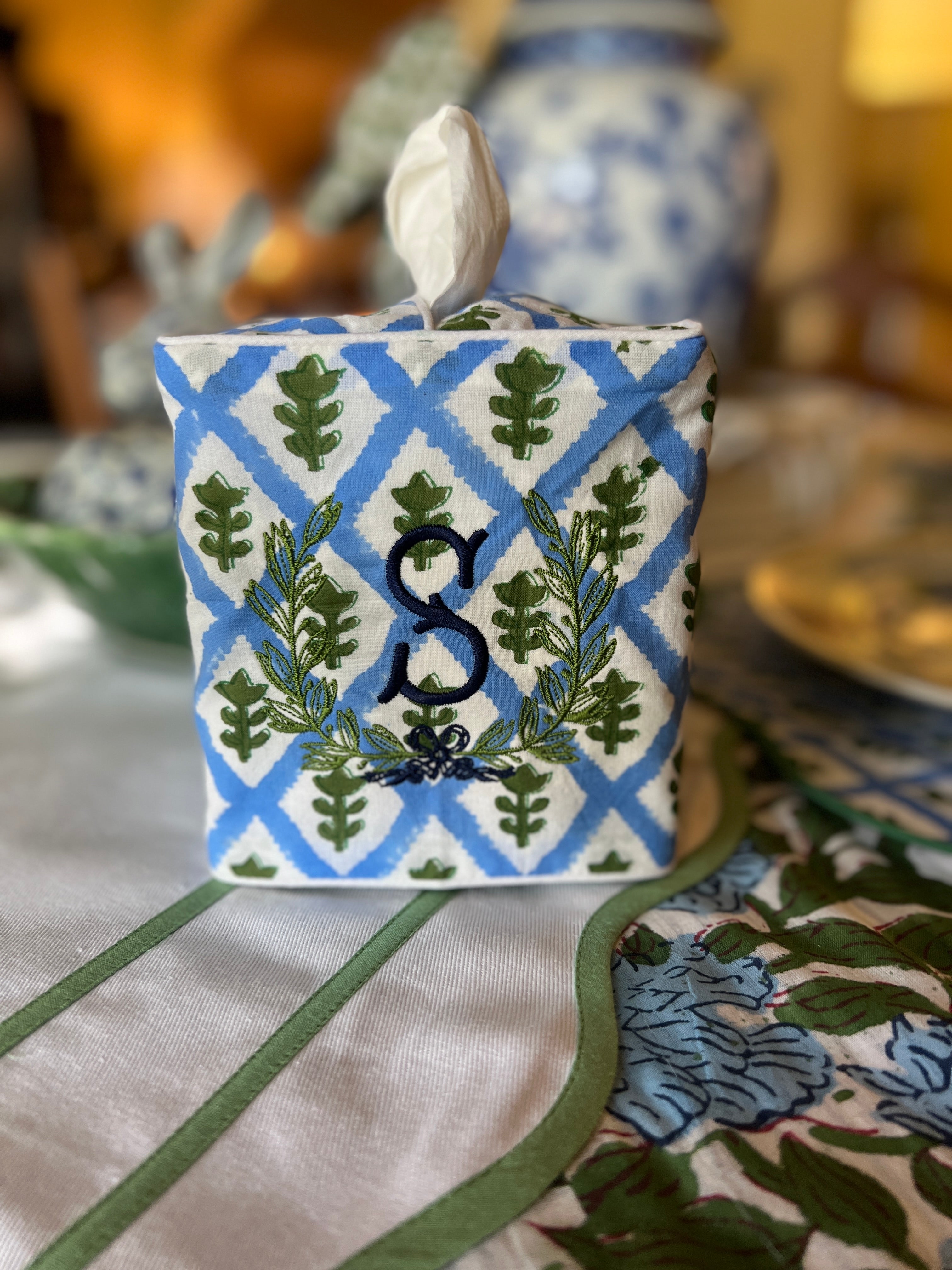 Blue block print tissue cover custom monogram available
