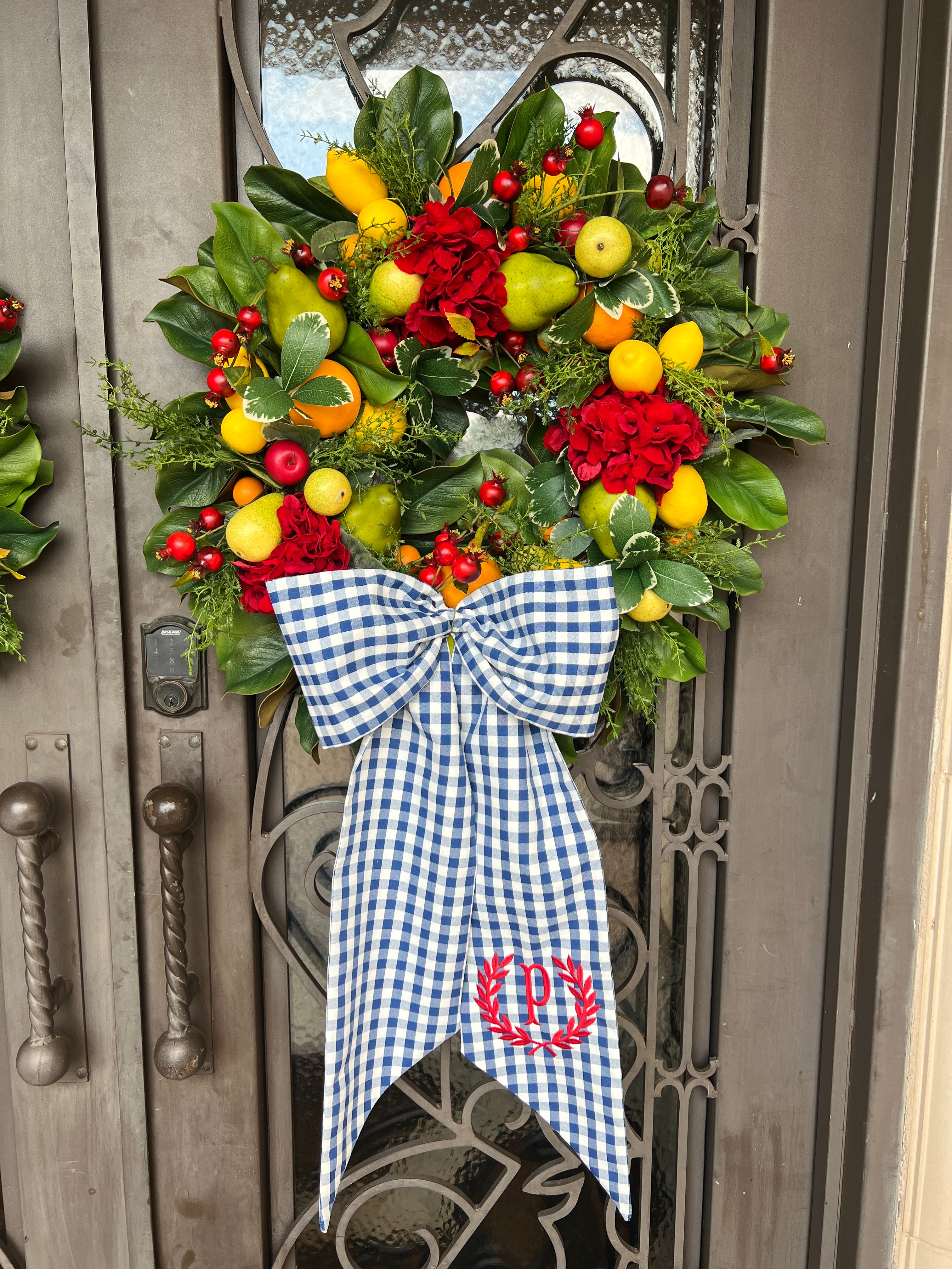 Red hydrangea, fruit, and blue gingham French Country wreath