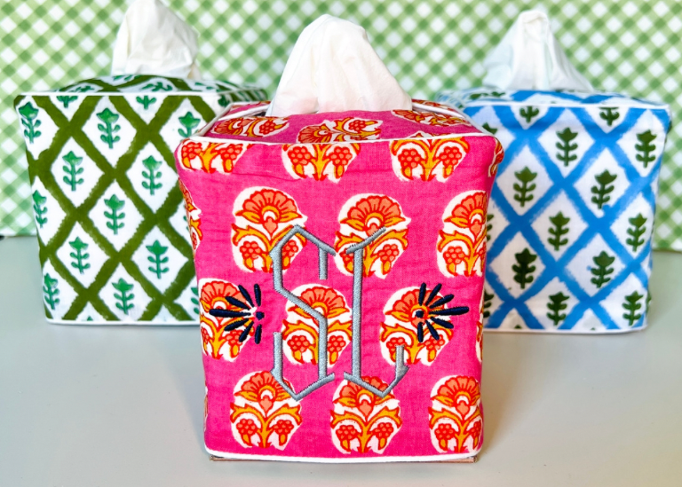 Pink block print tissue cover custom monogram available