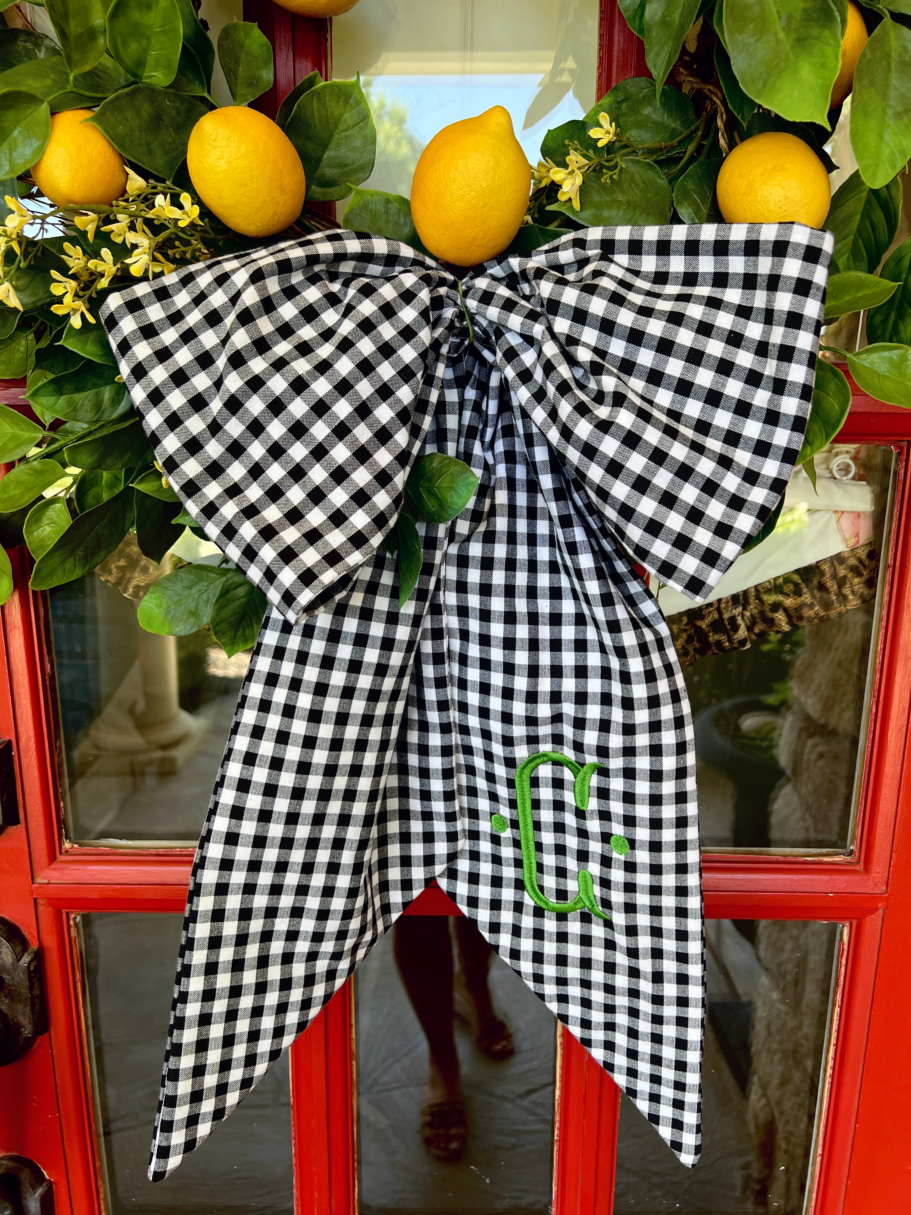 Black and white gingham wreath bow sash custom monogram available