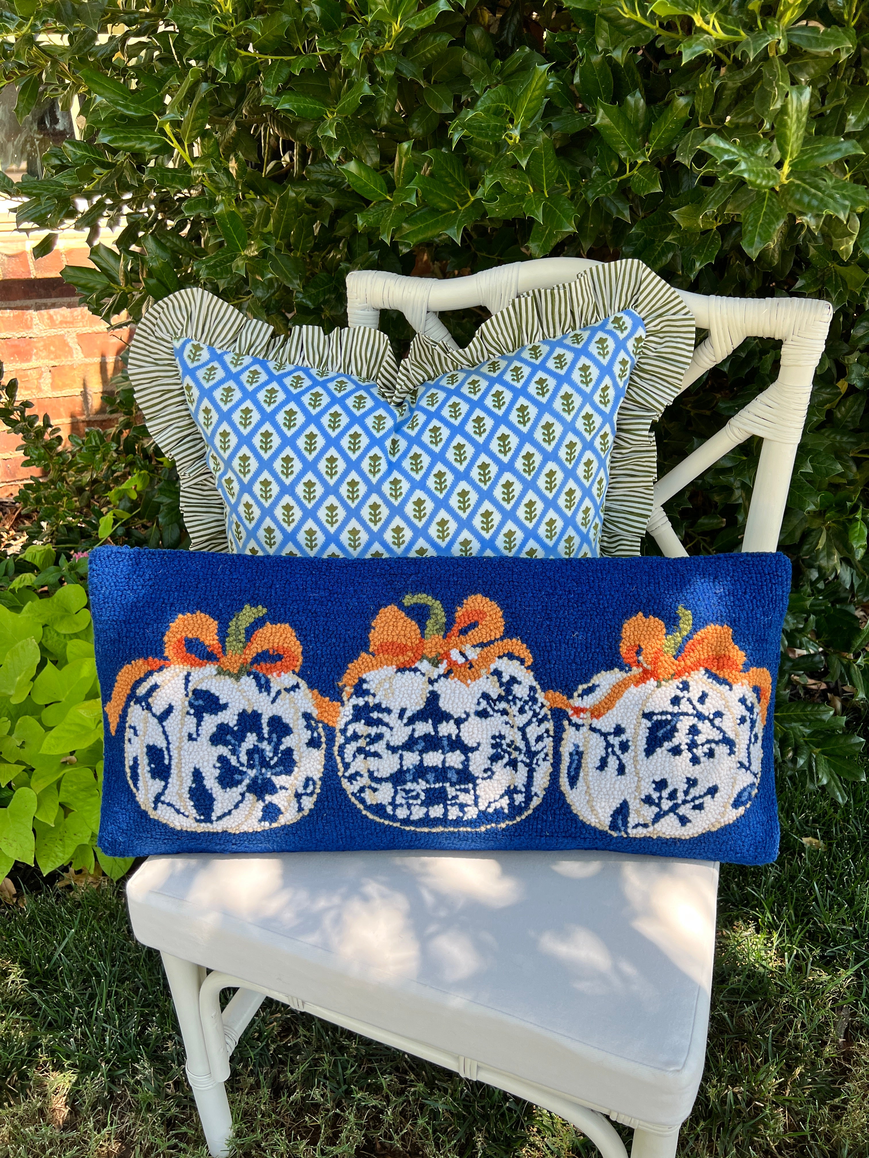 Blue chinoiserie pumpkin hooked pillow