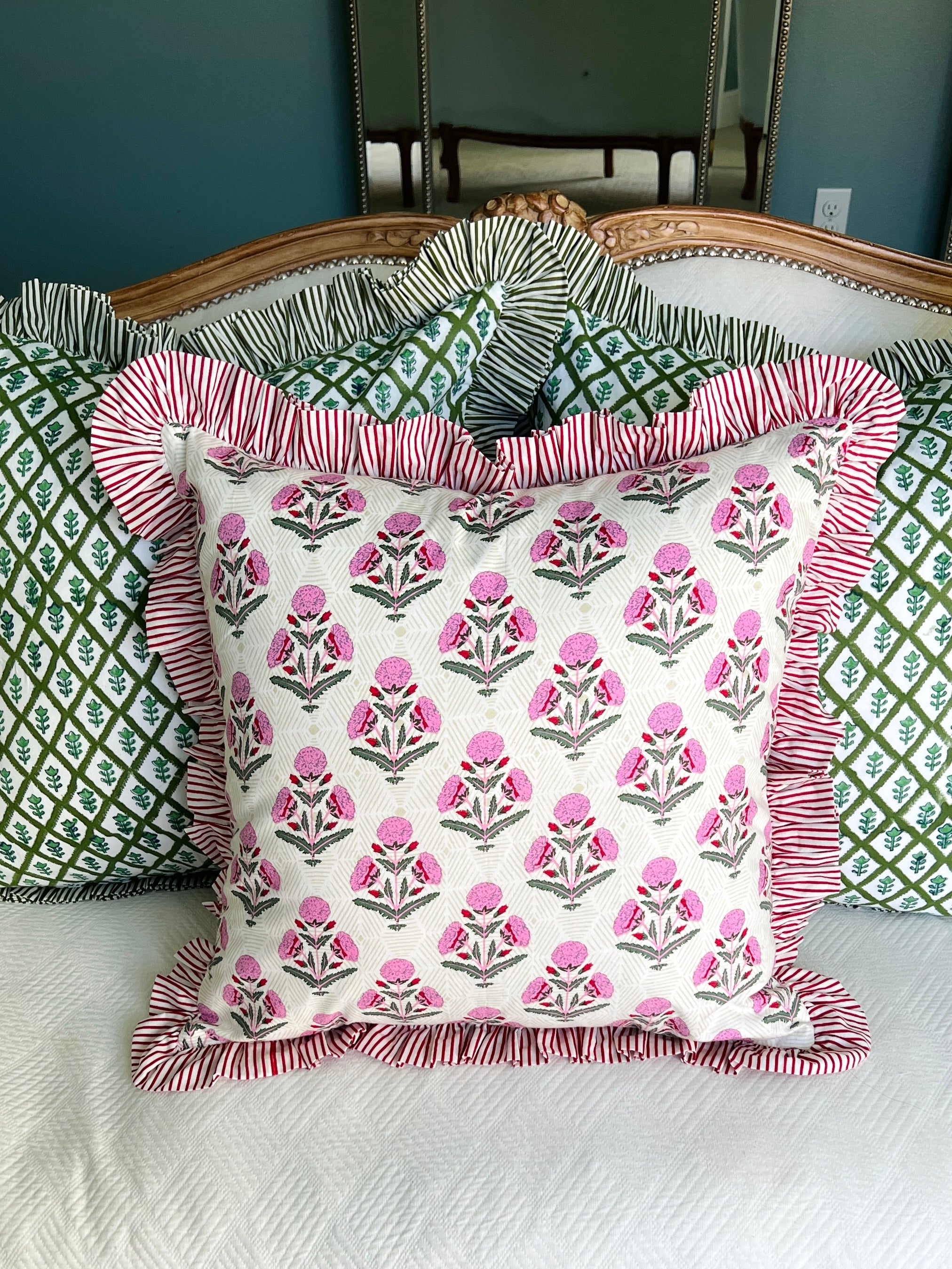 Pink and red floral block print ruffle pillow
