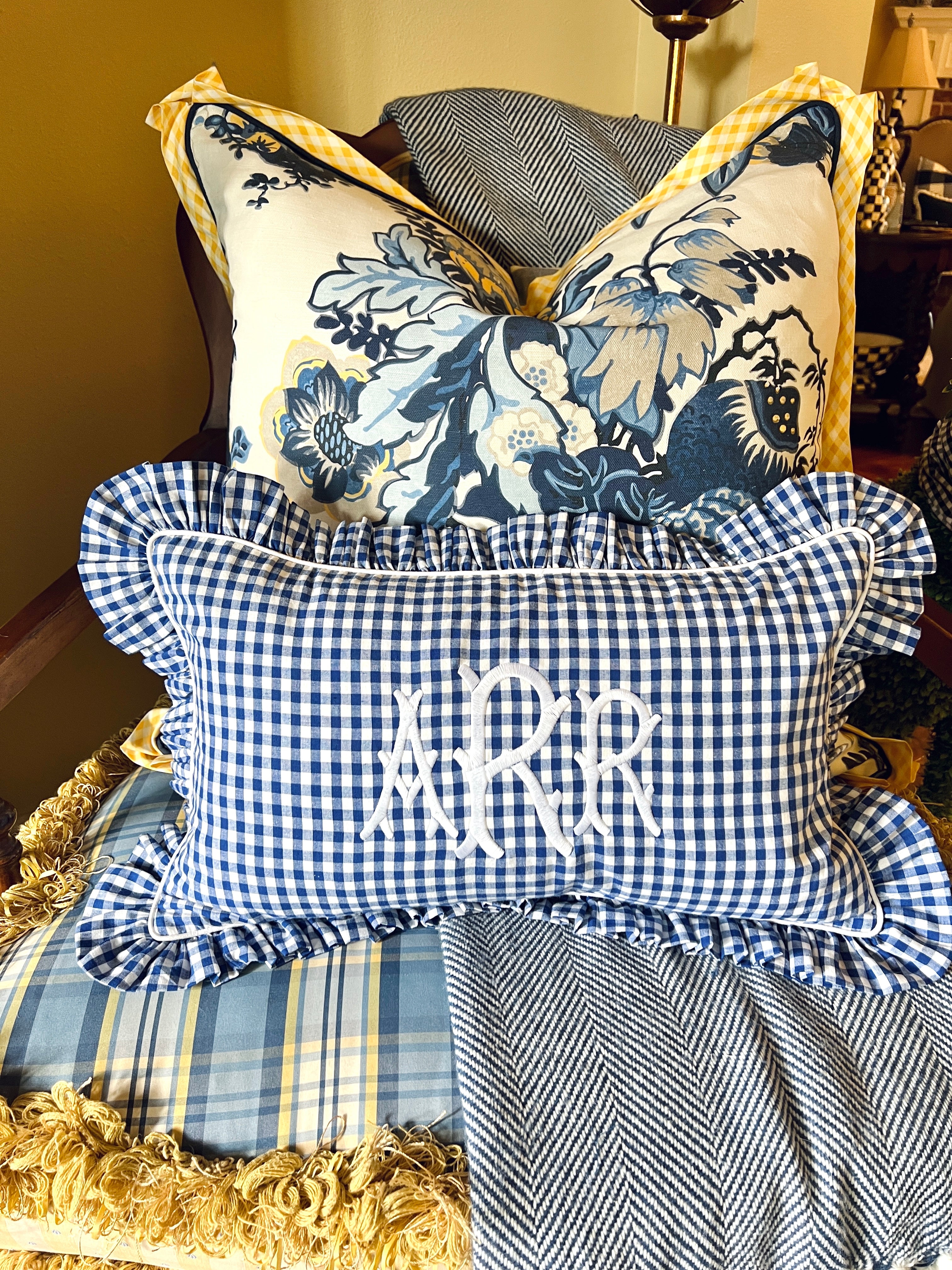 Royal blue gingham pillow cover, monogram available