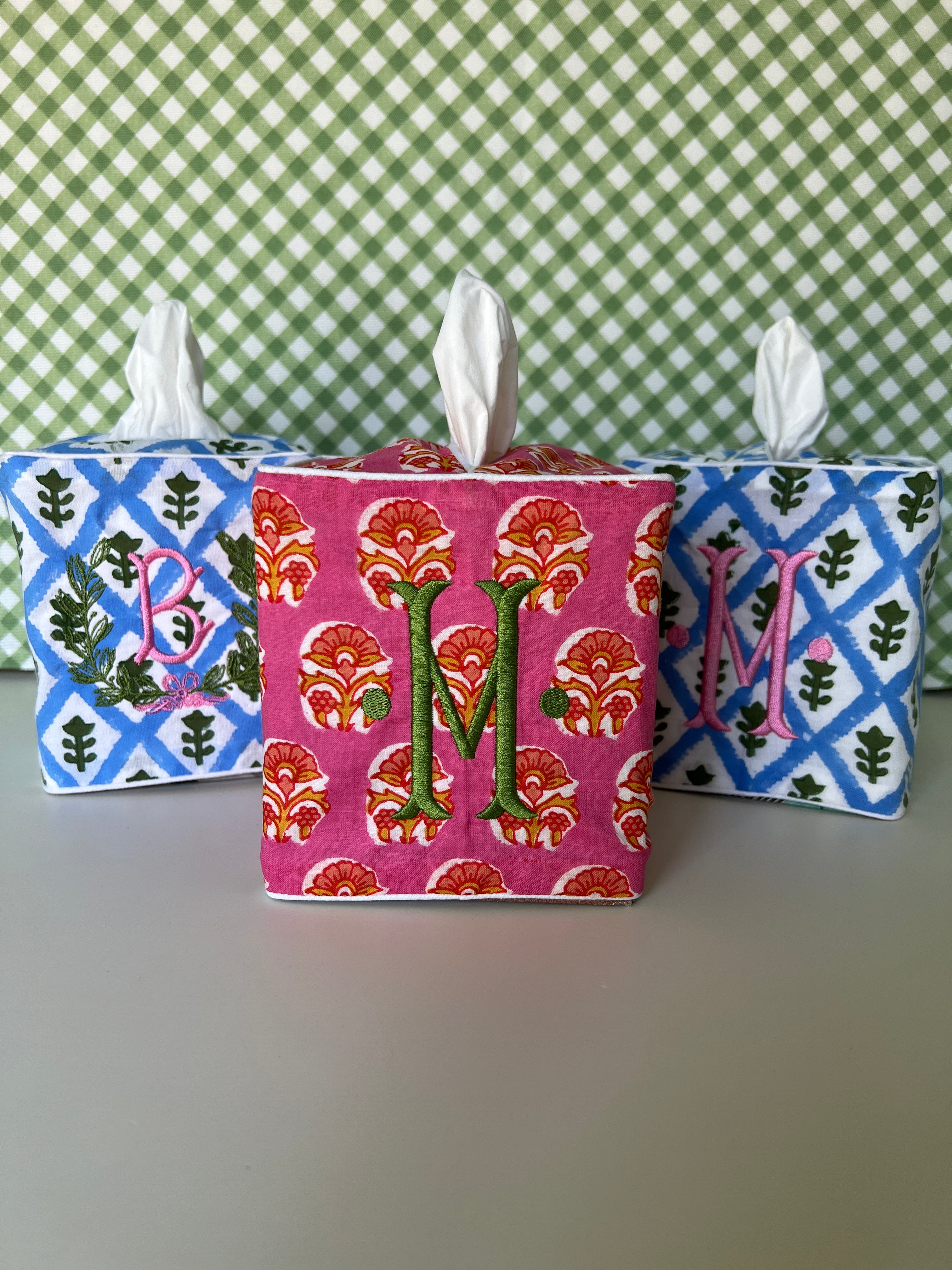 Blue block print tissue cover custom monogram available