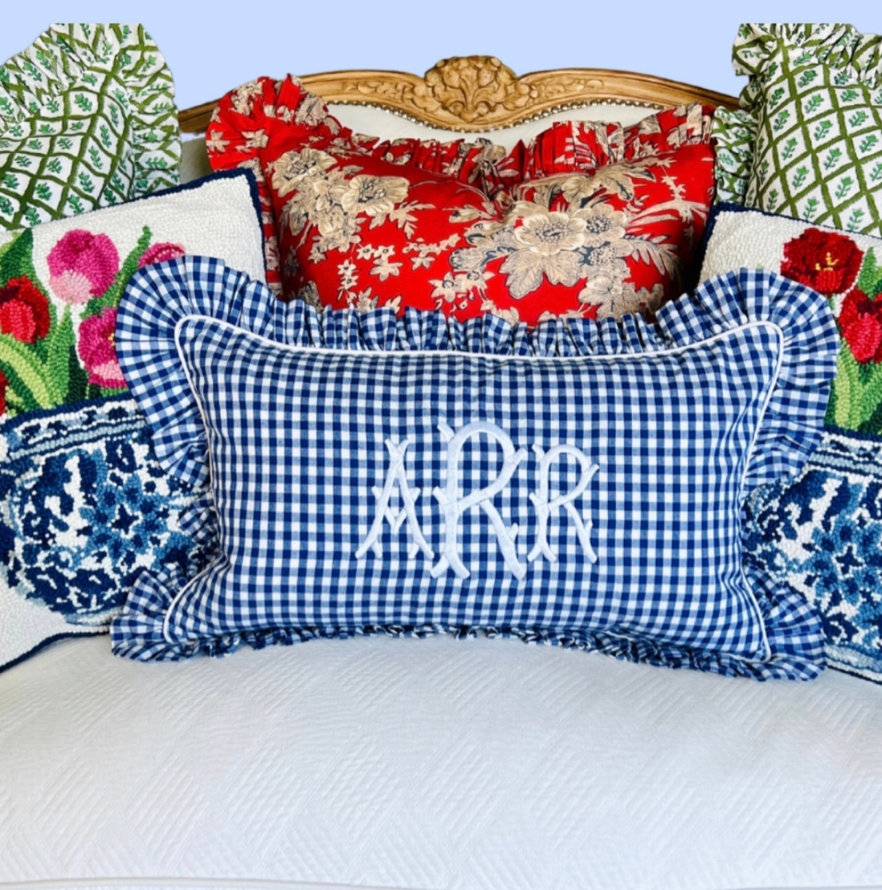 Royal blue gingham pillow cover, monogram available