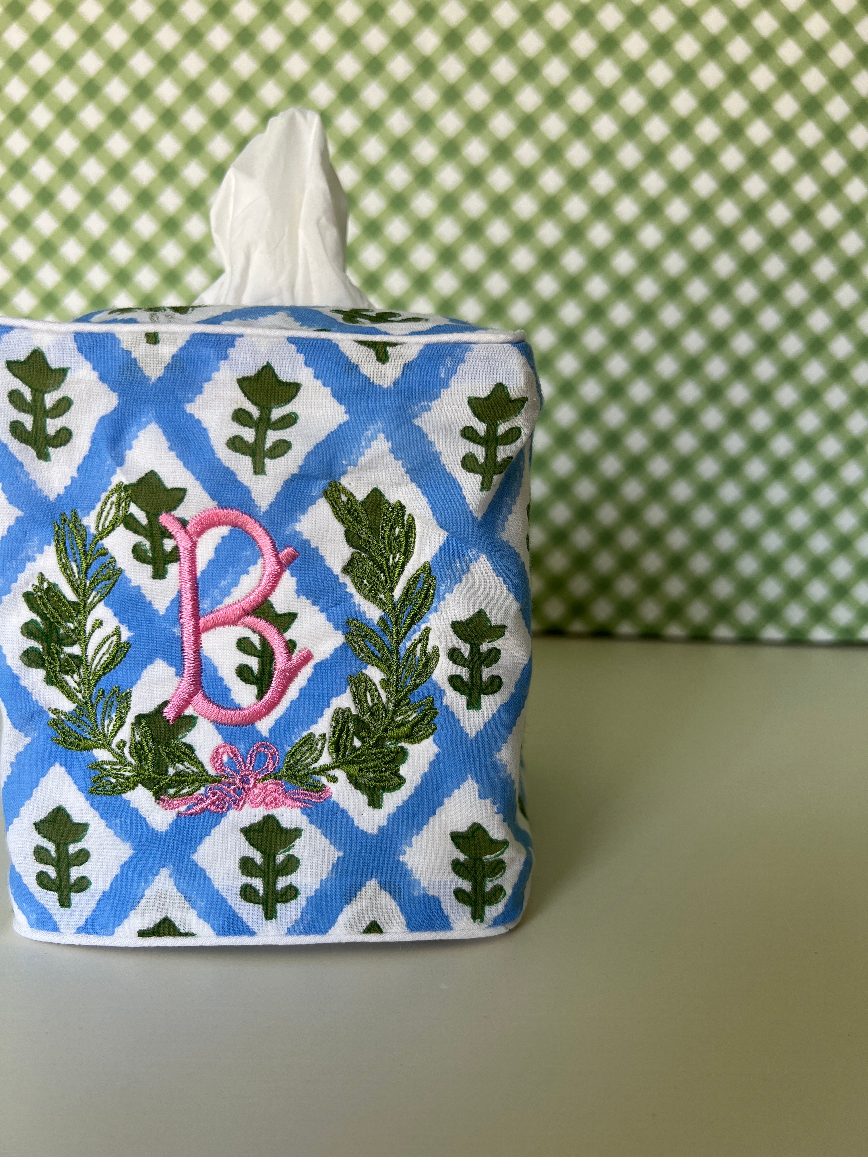 Blue block print tissue cover custom monogram available