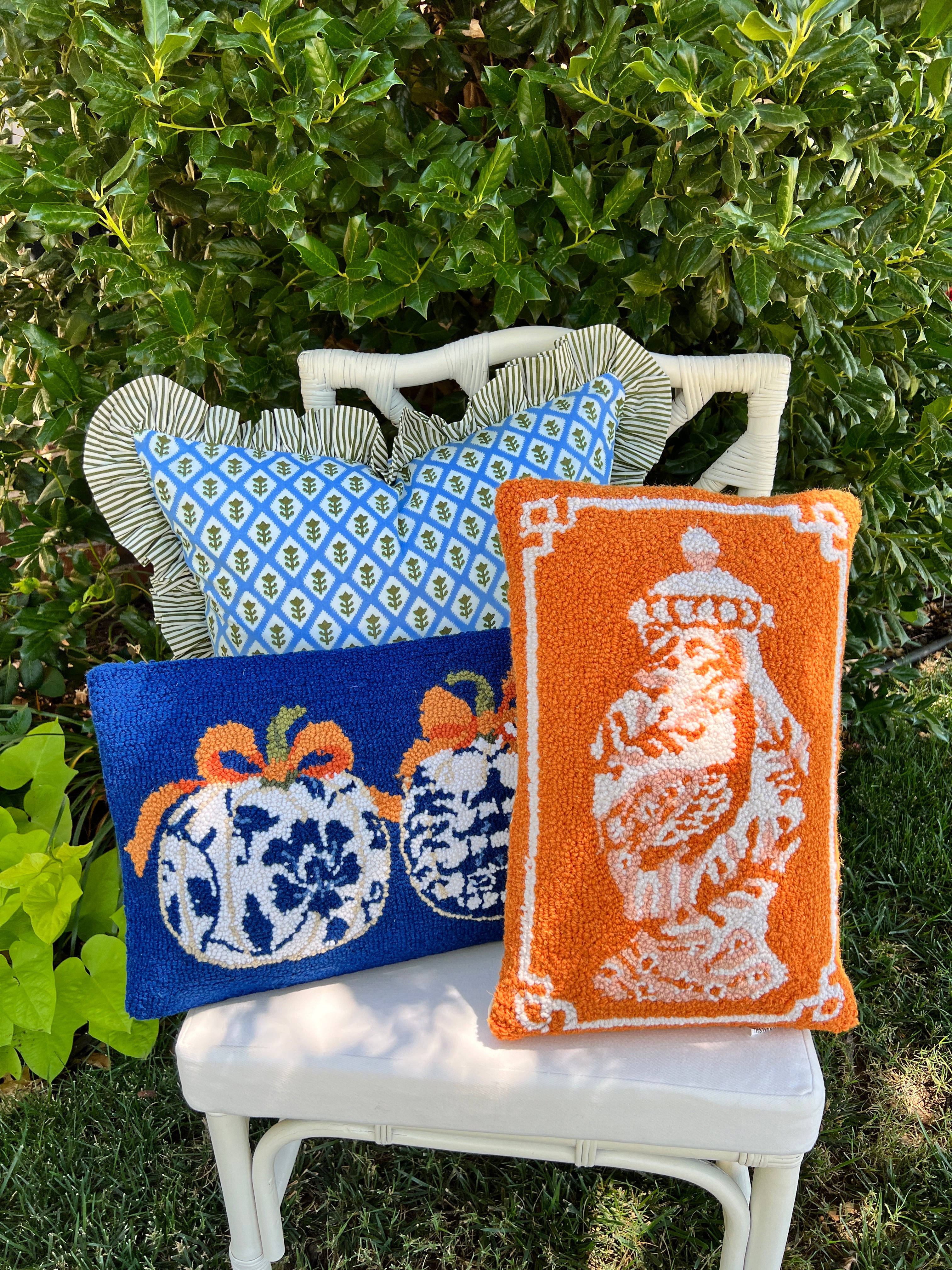 Blue chinoiserie pumpkin hooked pillow