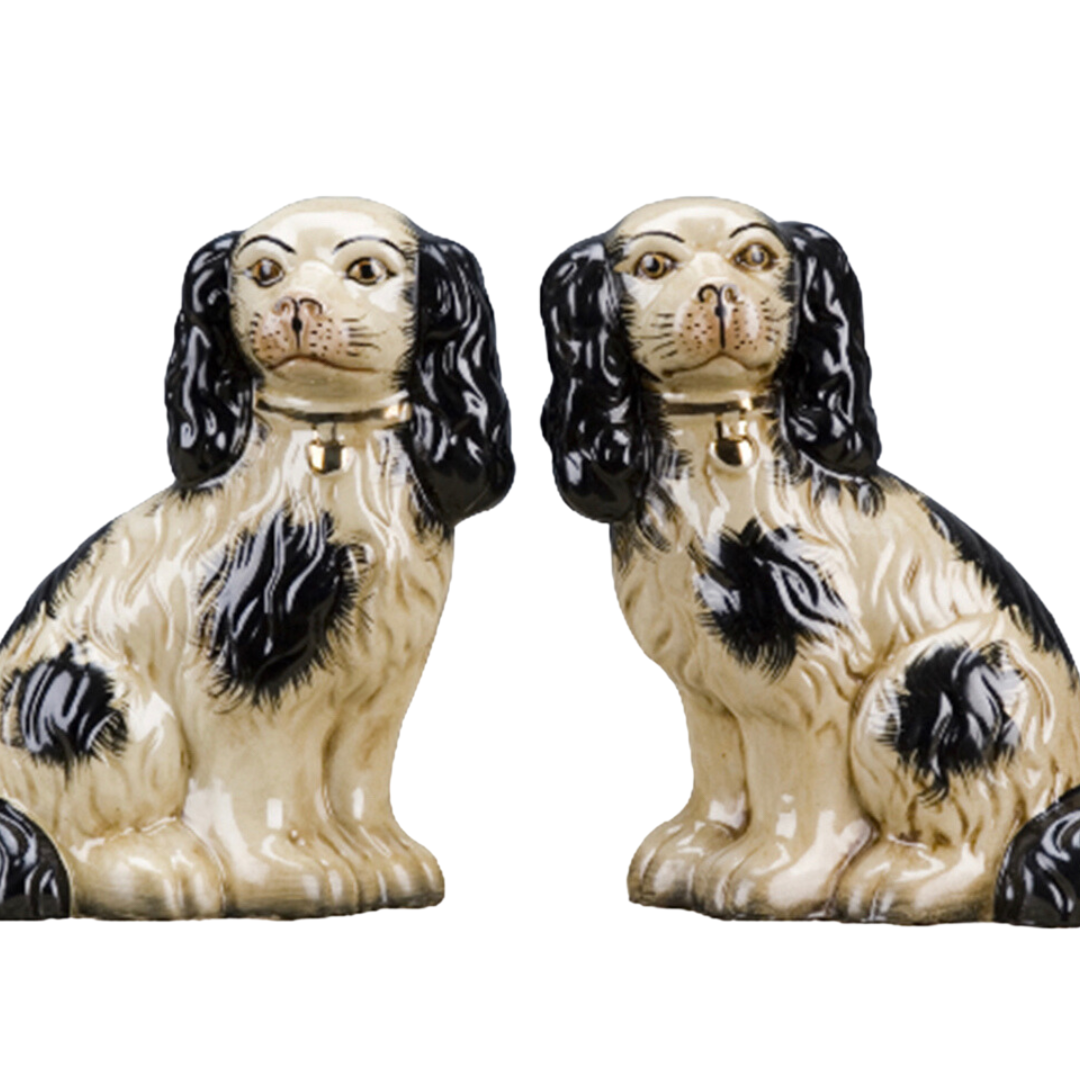 Classic large porcelain Staffordshire dog pair (9.5” tall)