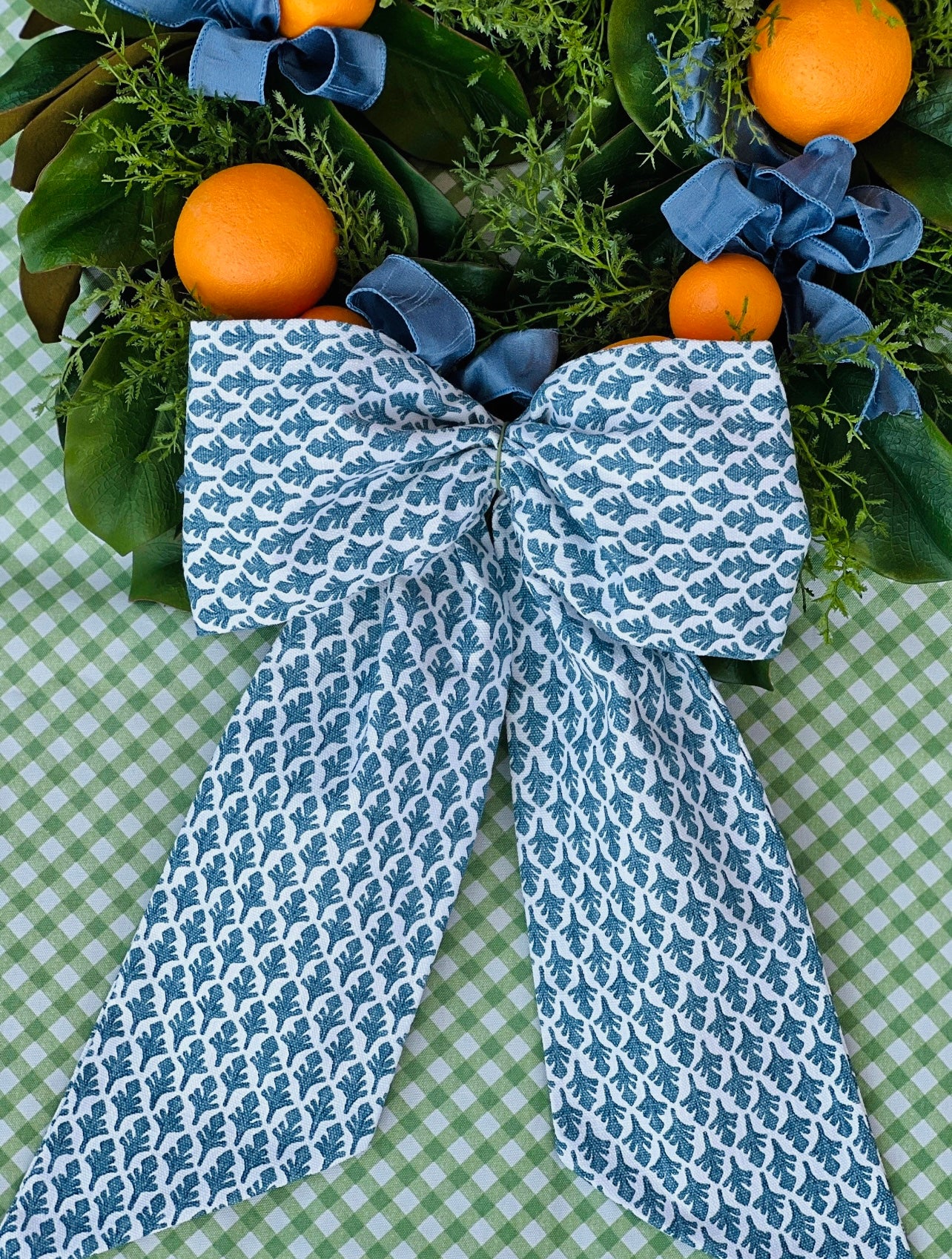 Blue and white block print wreath sash monogram available
