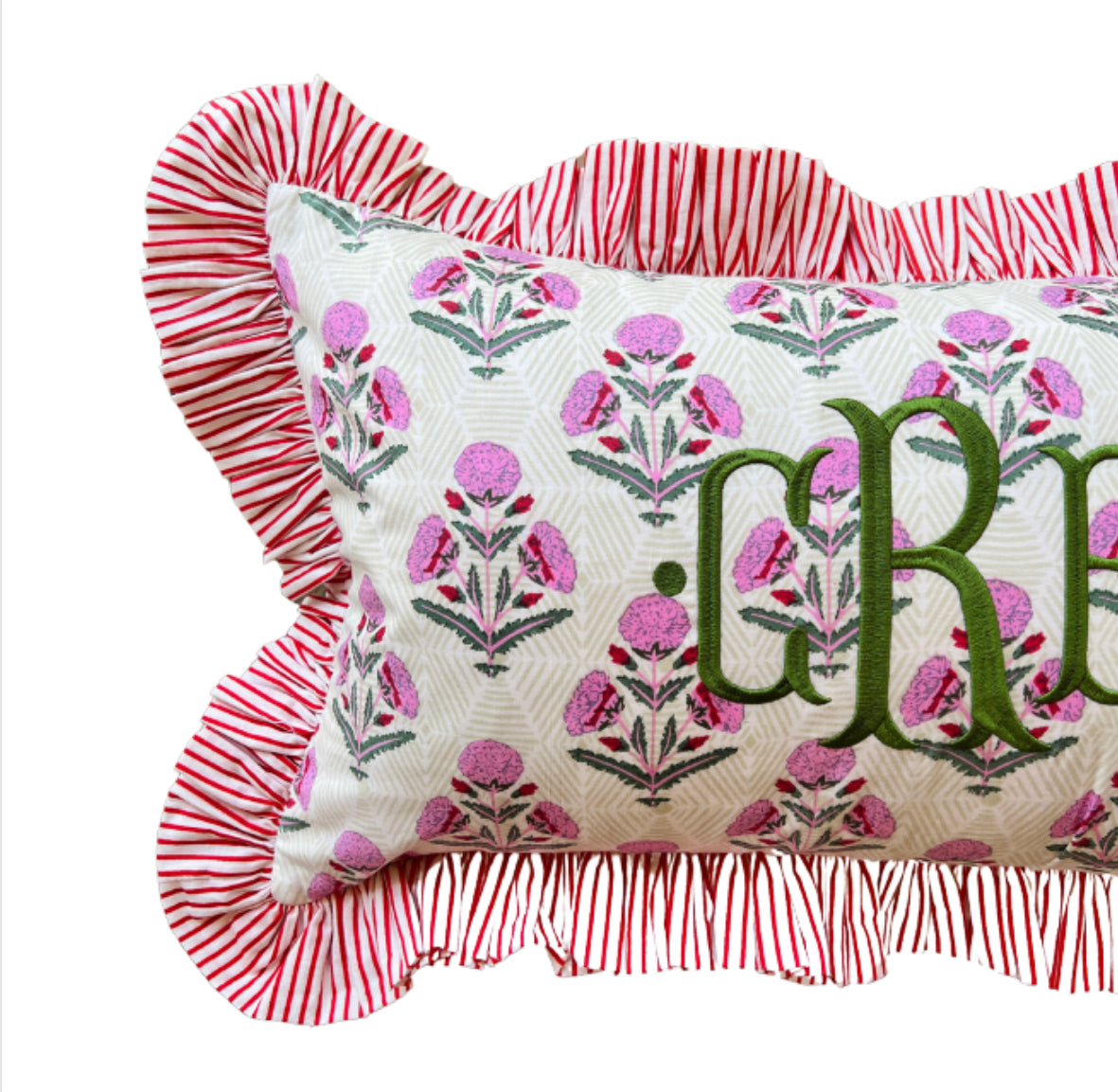 Pink and red floral block print ruffle pillow