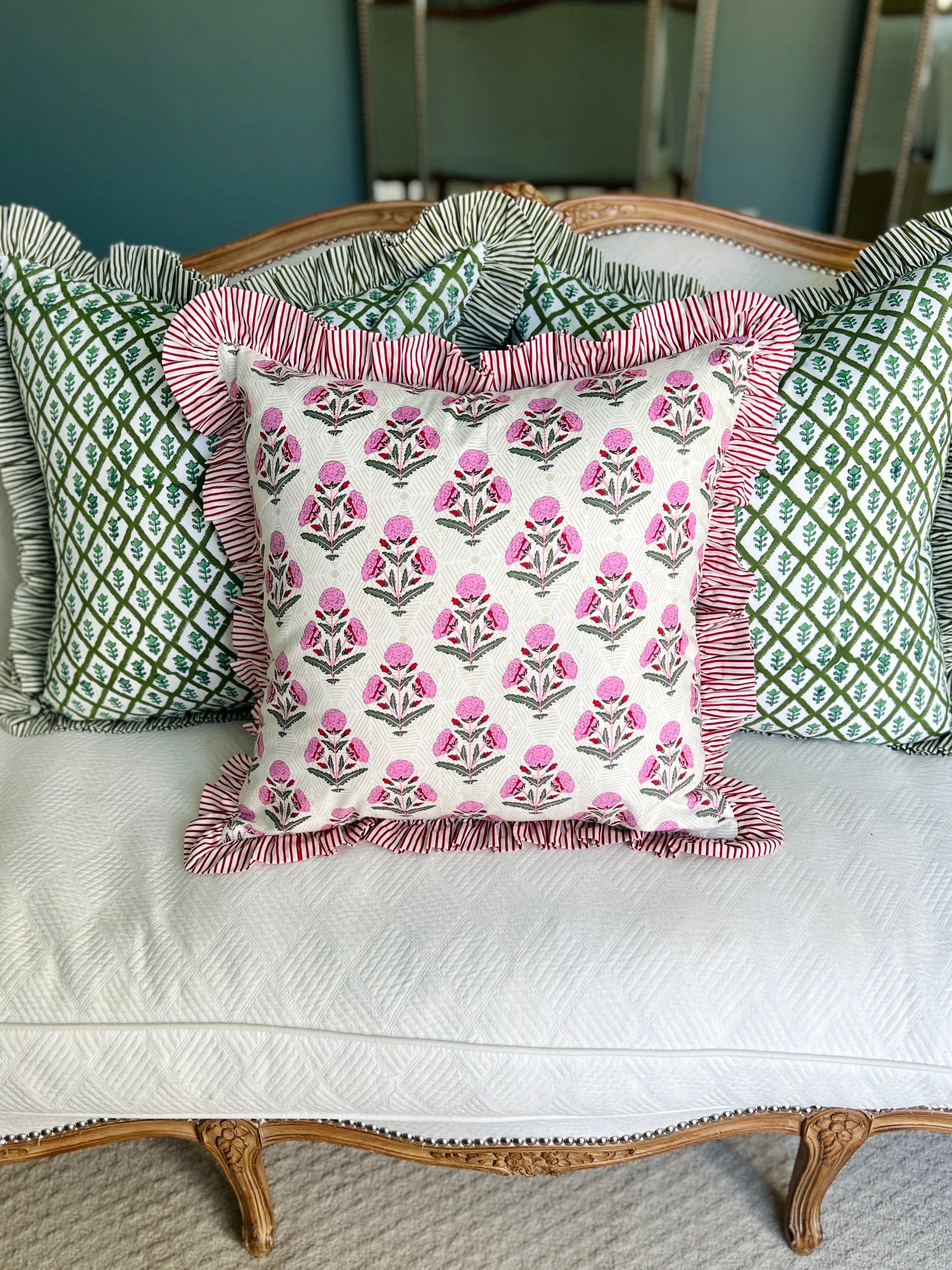 Pink and red floral block print ruffle pillow